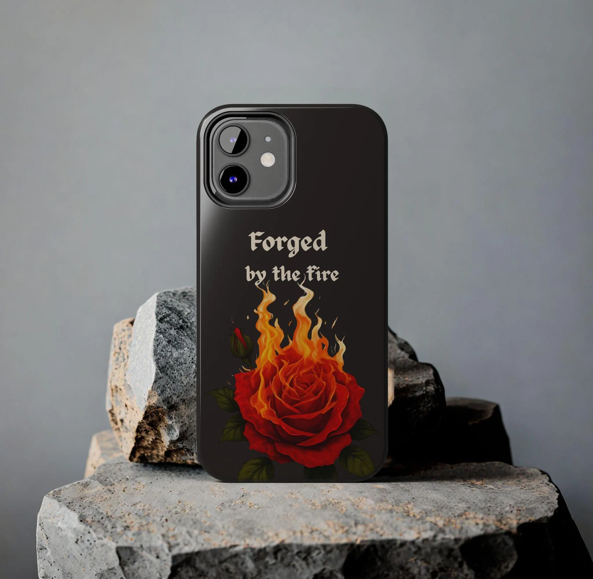 Burning Rose Phone Case, Forged by the Fire, Ash Grey Aesthetic Cover, Gothic Floral Phone Case, Resilience Quote