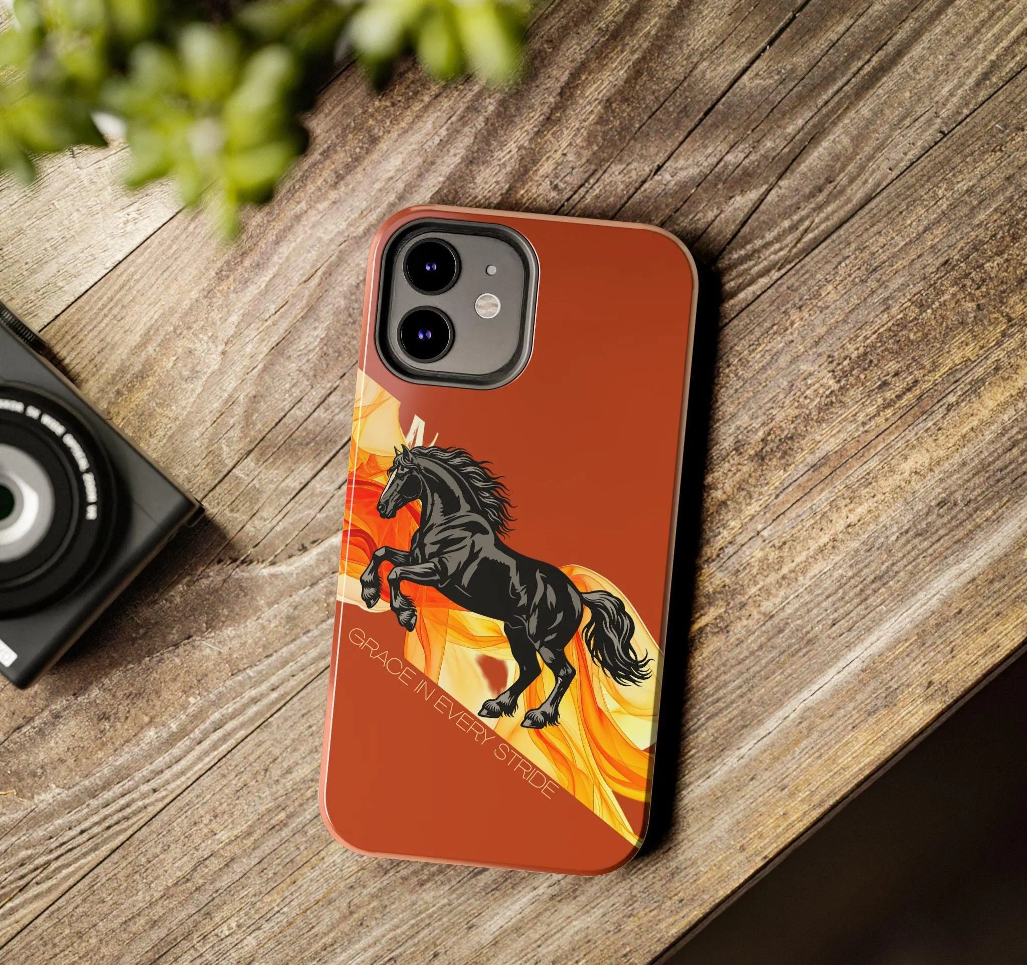Grace in Every Stride Phone Case, Black Horse iPhone Cover, Fiery Horse Aesthetic Case, Motivational Design