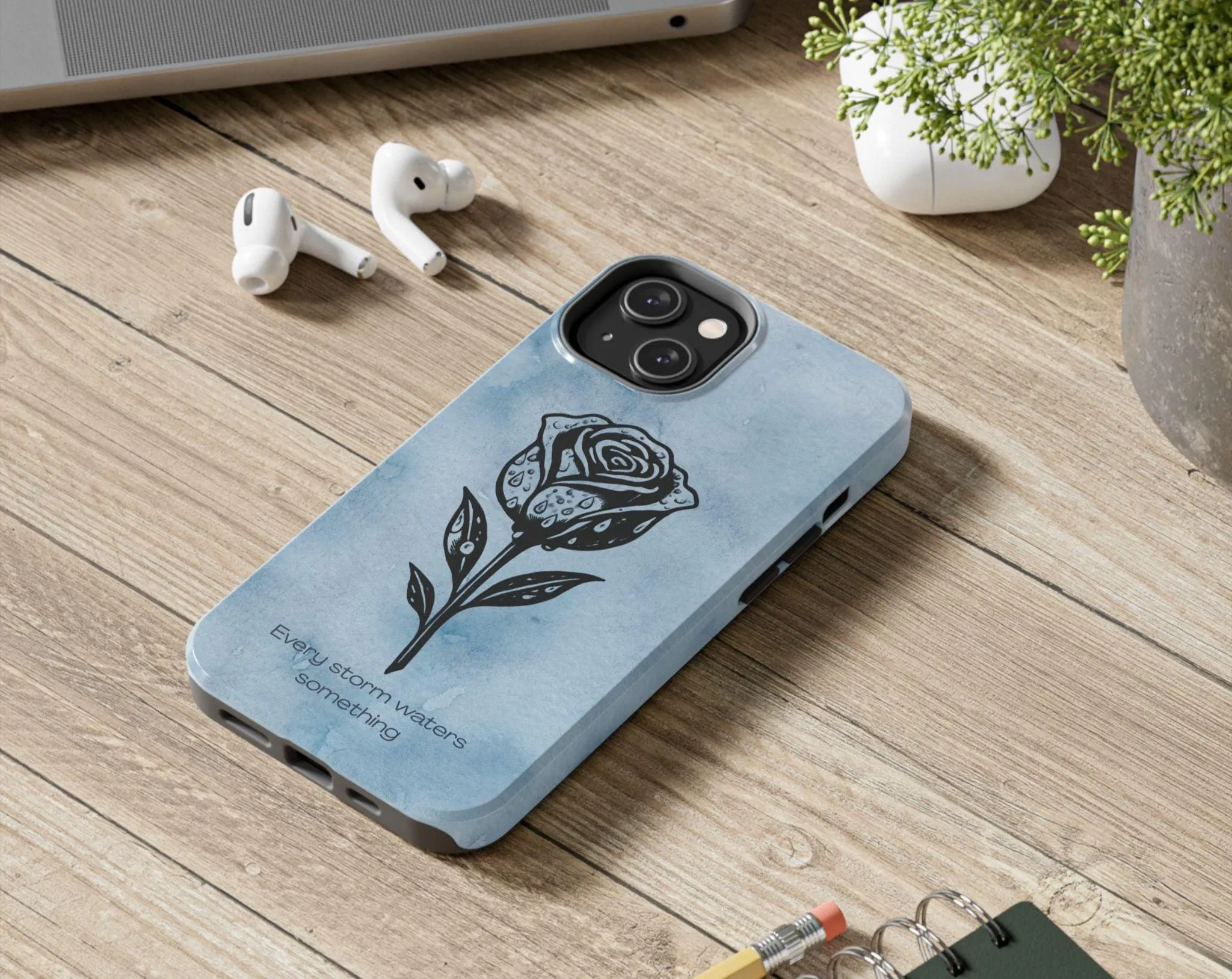 Rose Phone Case, Every Storm Waters Something, Inspirational Phone Case, Blue Cloudy Aesthetic, Floral Quote Cover - image 3