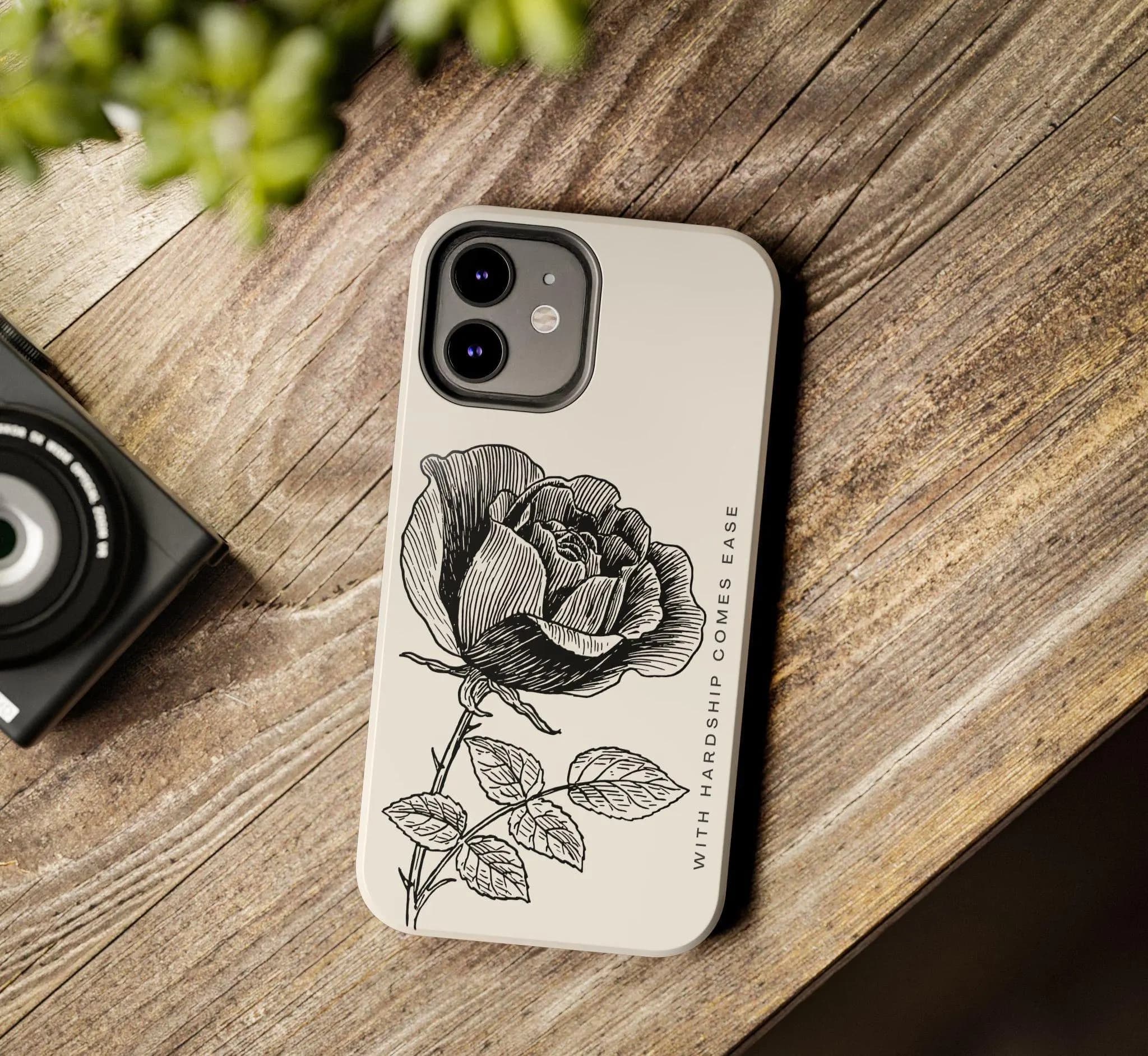 With Hardship Comes Ease Phone Case, Dark Floral Sketch iPhone Cover, Islamic Inspirational Case