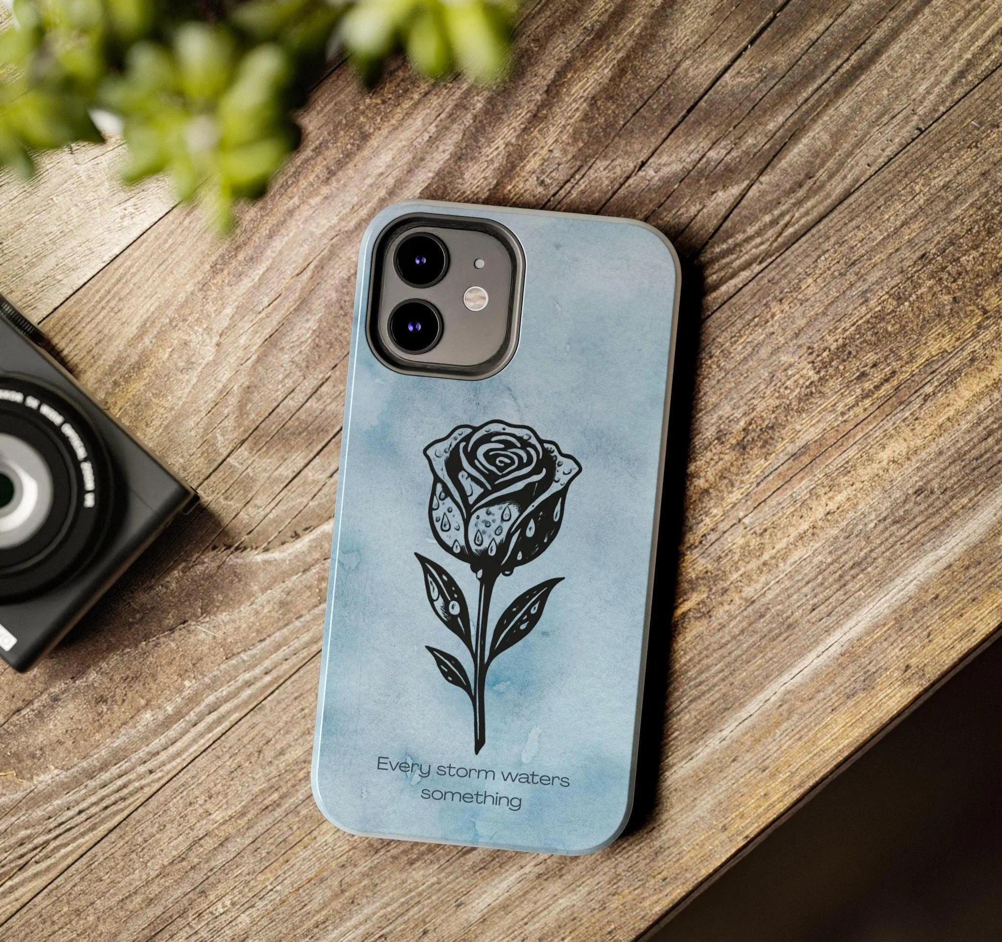 Rose Phone Case, Every Storm Waters Something, Inspirational Phone Case, Blue Cloudy Aesthetic, Floral Quote Cover
