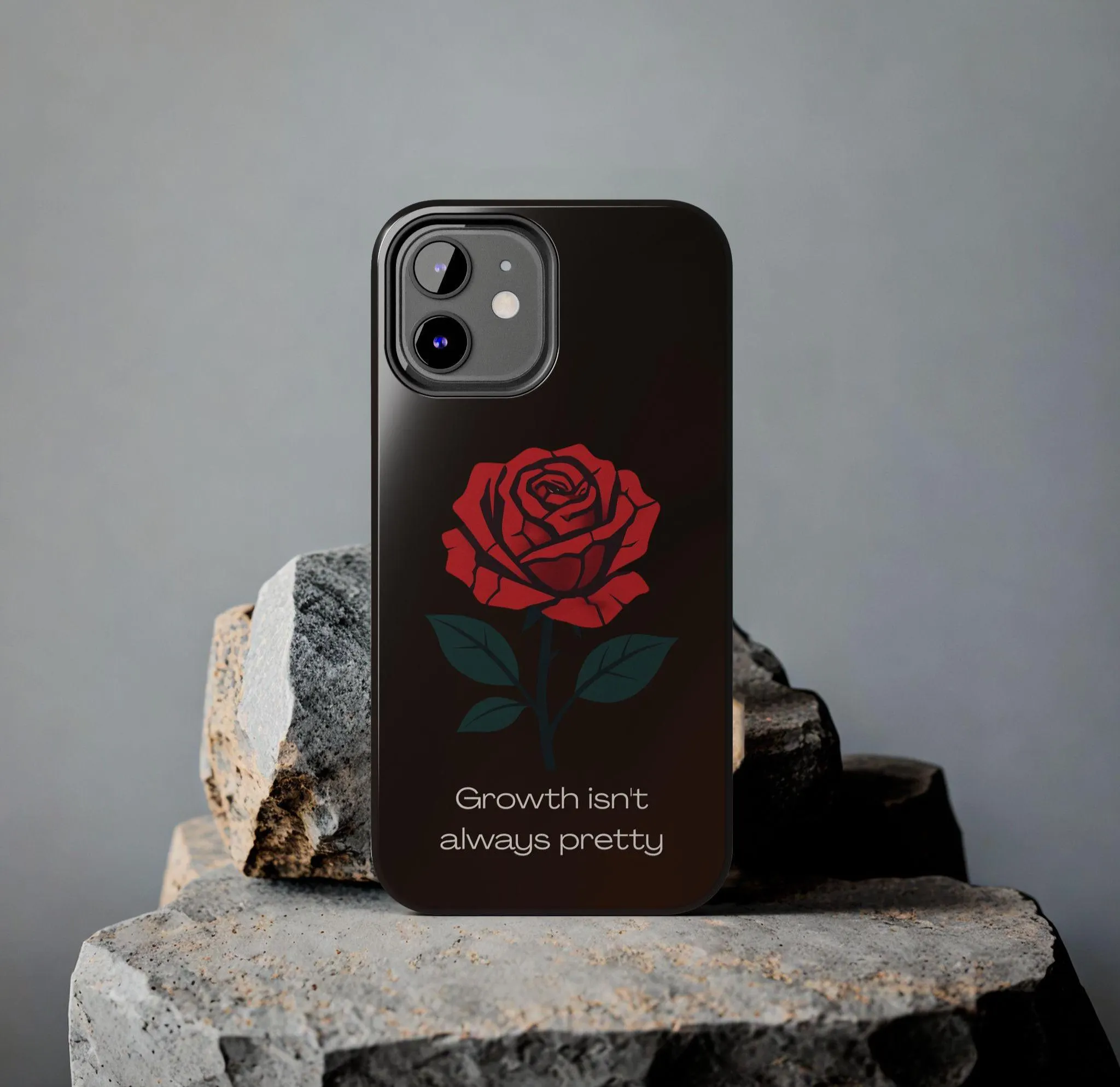 Cracked Rose Phone Case, Growth Isn't Always Pretty, Dark Brown Aesthetic Case, Resilience Quote Cover, Gothic Floral