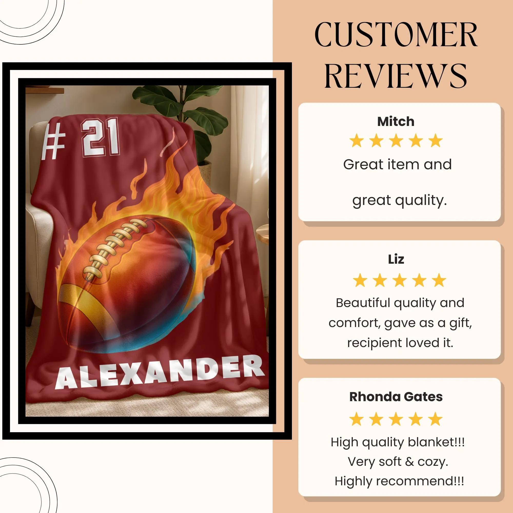a red blanket with a football design, and it has a customer review rating of 5 stars. The blanket is named "Alexander" and is described as a high-quality, beautiful, and comfortable gift. The review is from a customer named Mitch, who rates the blanket as a great item and great quality. The review also mentions that the blanket is a thoughtful and appreciated gift.
