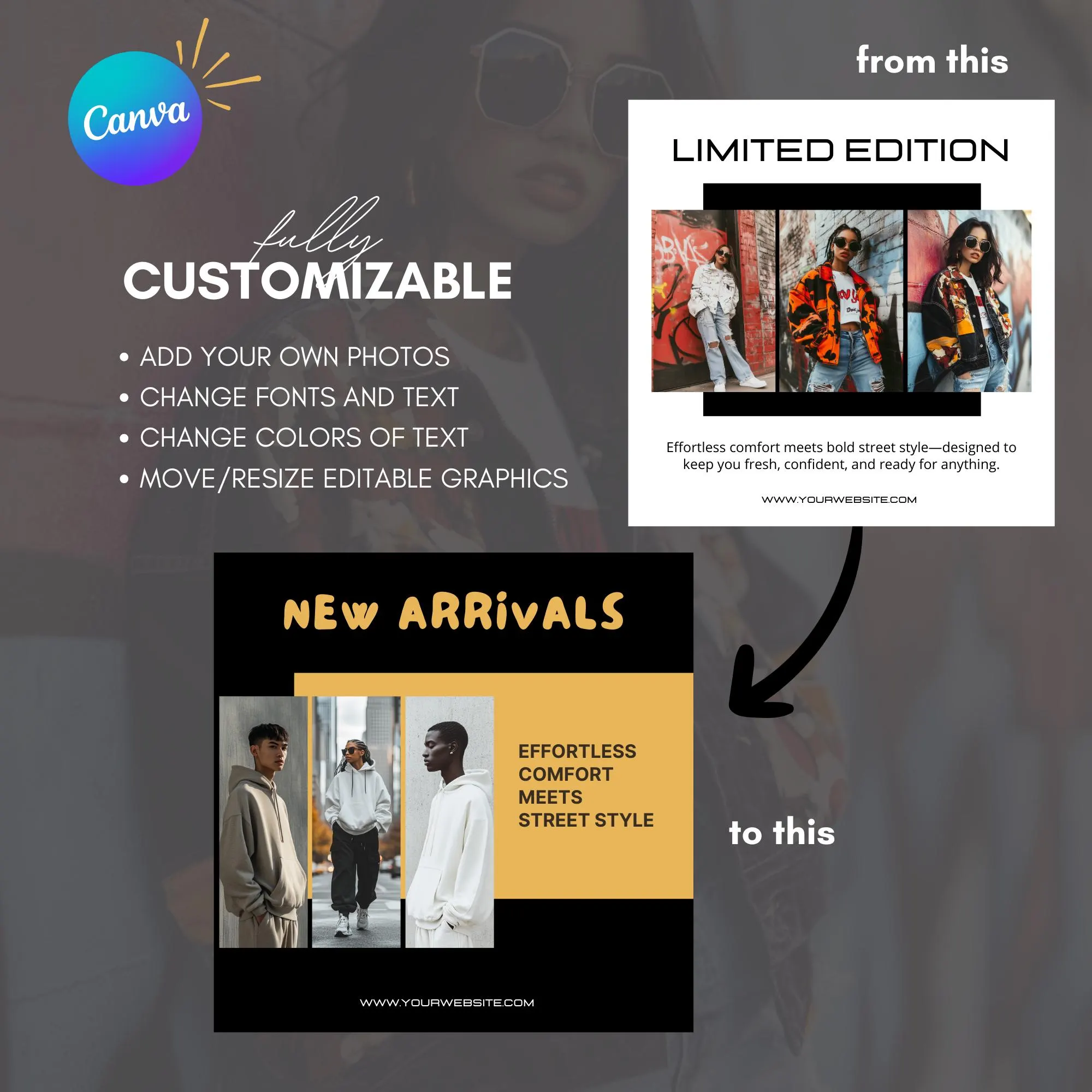 Streetwear Instagram Templates | 30 Square Posts + 30 Story Templates | Editable Canva Design | Urban Fashion Social Media Kit - image 4