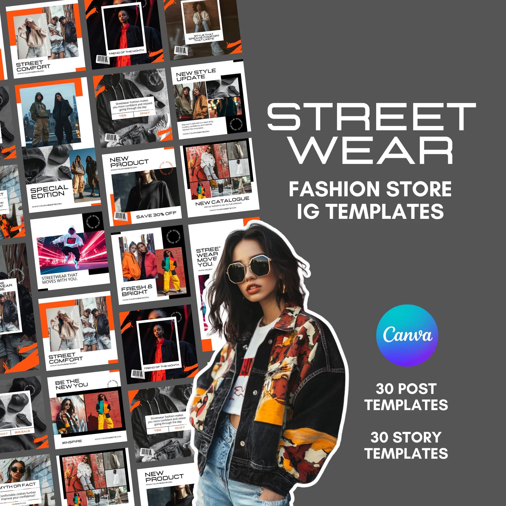 Streetwear Instagram Templates | 30 Square Posts + 30 Story Templates | Editable Canva Design | Urban Fashion Social Media Kit
