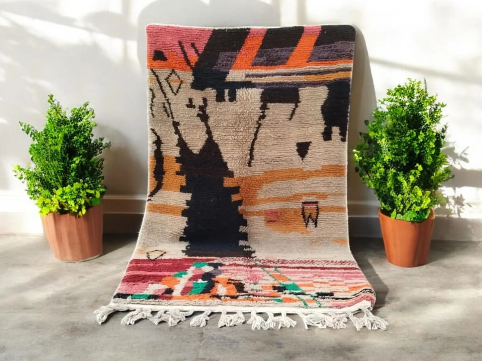 Beni Ourain Rug | Handmade Moroccan Wool Rug | Custom Size Berber Area Rug | Ivory Black