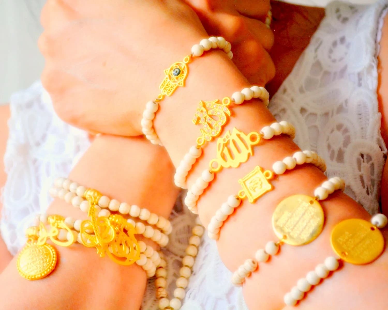 Beige Allah Yellow Muslim Bangle, Ivory Islamic Jewelry, Arabic Holy Words, Waw Letter Bracelet, Golden Ayatul Kursi