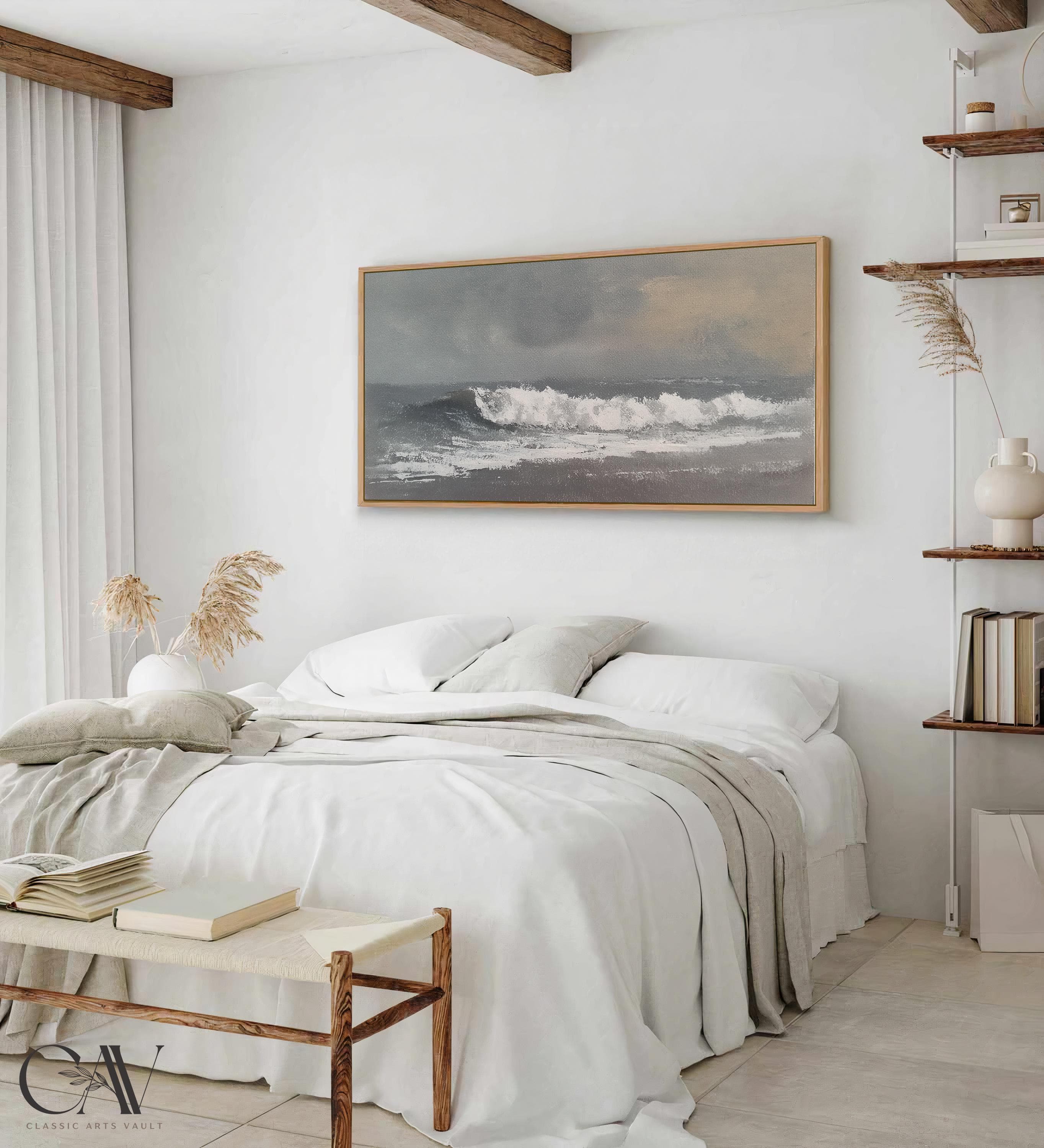 Coastal Horizon Art Print Seascape Minimalist Seafoam Painting Muted Beach Landscape Lake House Decor Large Wall Art Canvas Giclee #4776 - image 5