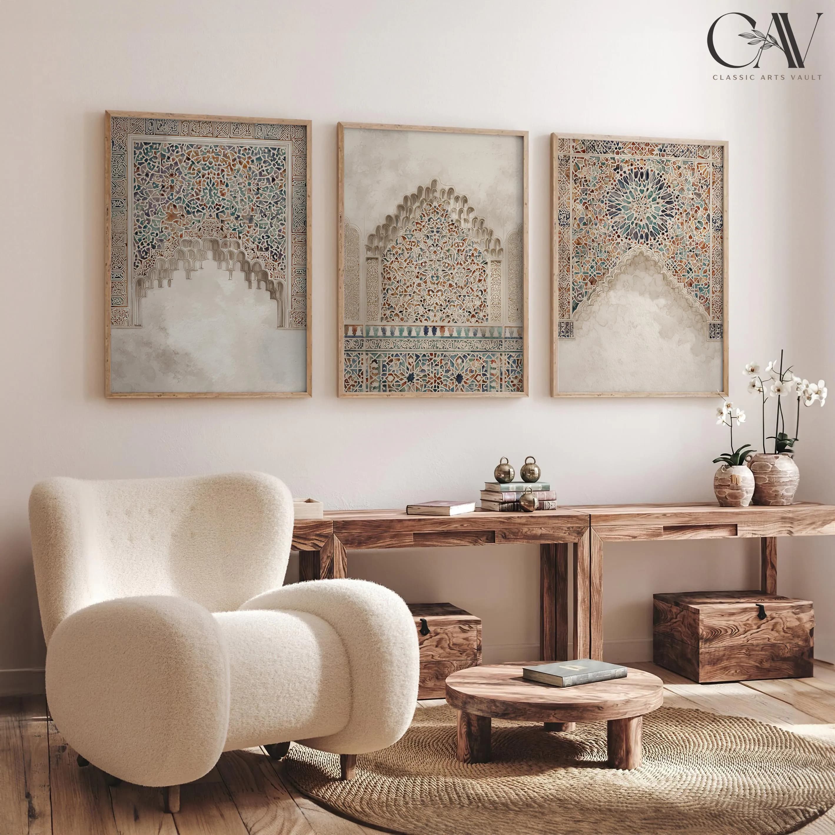 Alhambra Tile Inspired Watercolor Print Muslim Arabic Decor Eid Ramadan Gift Islamic Large Wall Art Set of 3 Gallery Triptych Canvas #3996