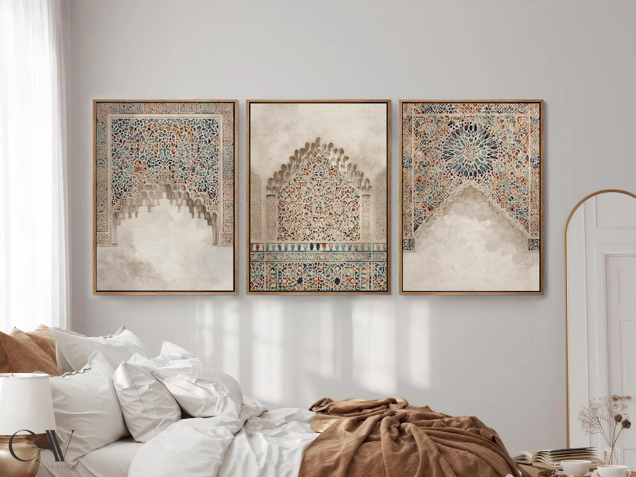 Alhambra Tile Inspired Watercolor Print Muslim Arabic Decor Eid Ramadan Gift Islamic Large Wall Art Set of 3 Gallery Triptych Canvas #3996 - image 5