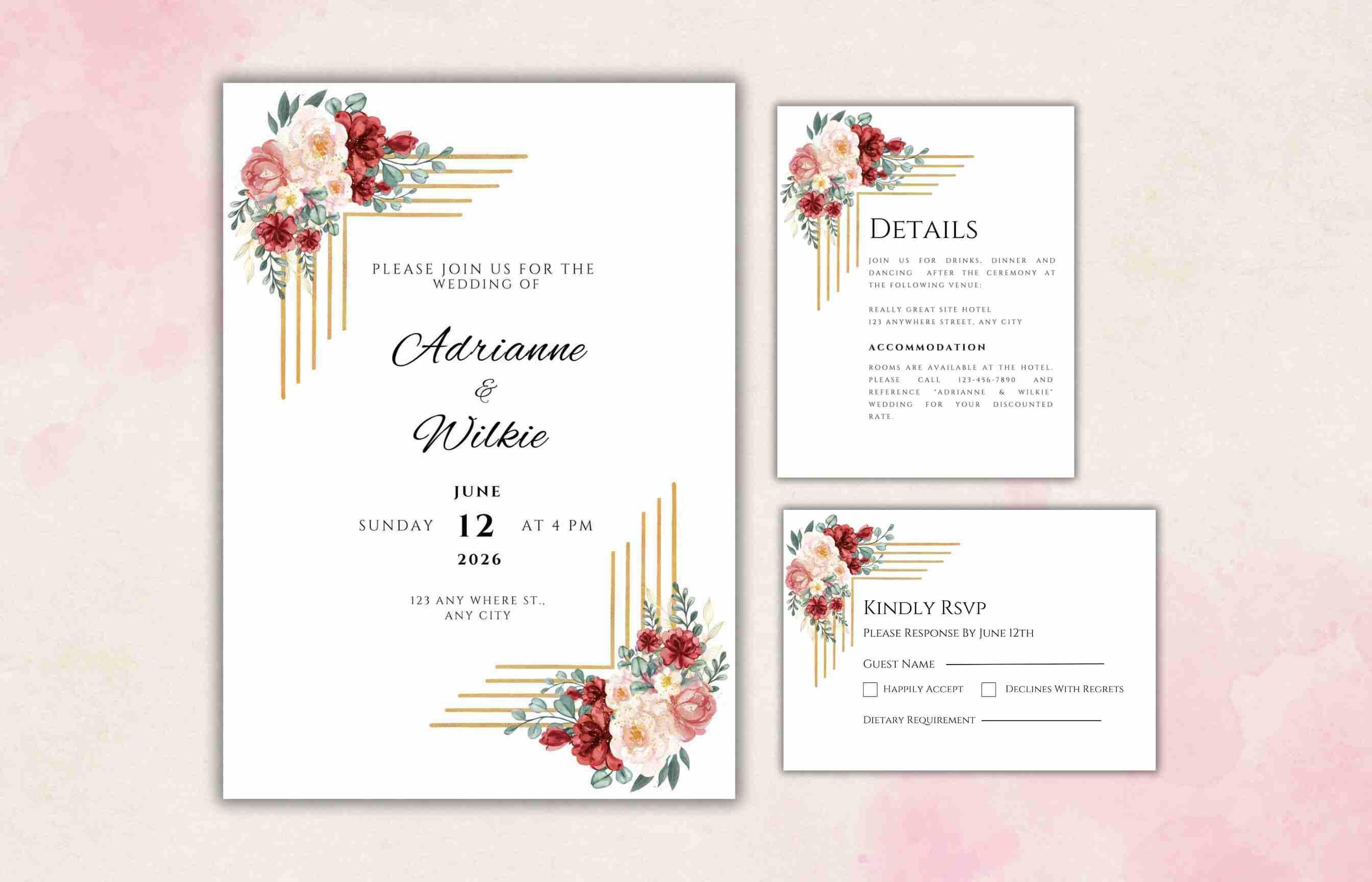 Burgundy Floral Wedding Invitation Template, Editable Invite Suite (Digital Download) - image 3