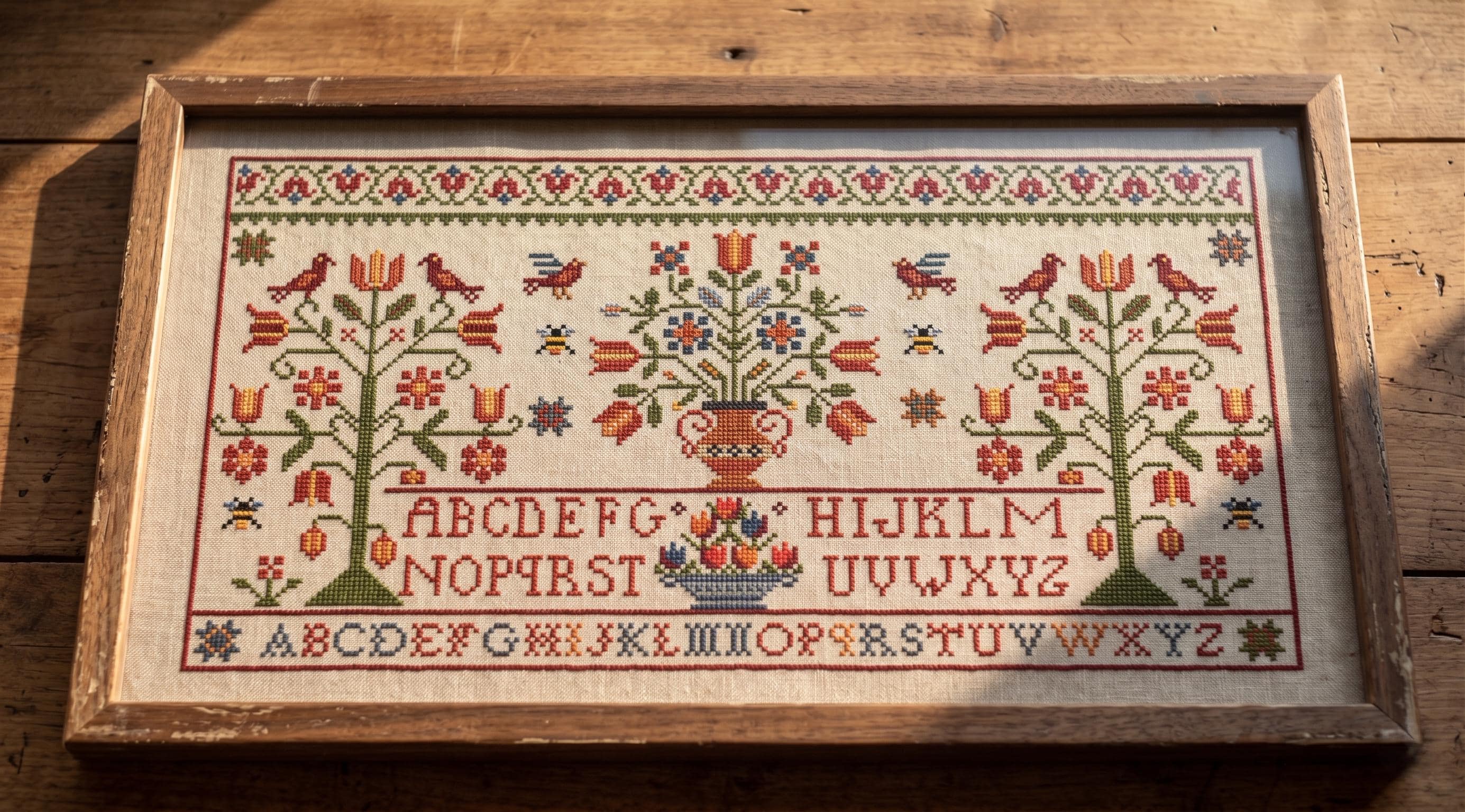 Alphabet Cross Stitch Sampler Pattern PDF, Folk Art Birds Floral Tree Design - image 3