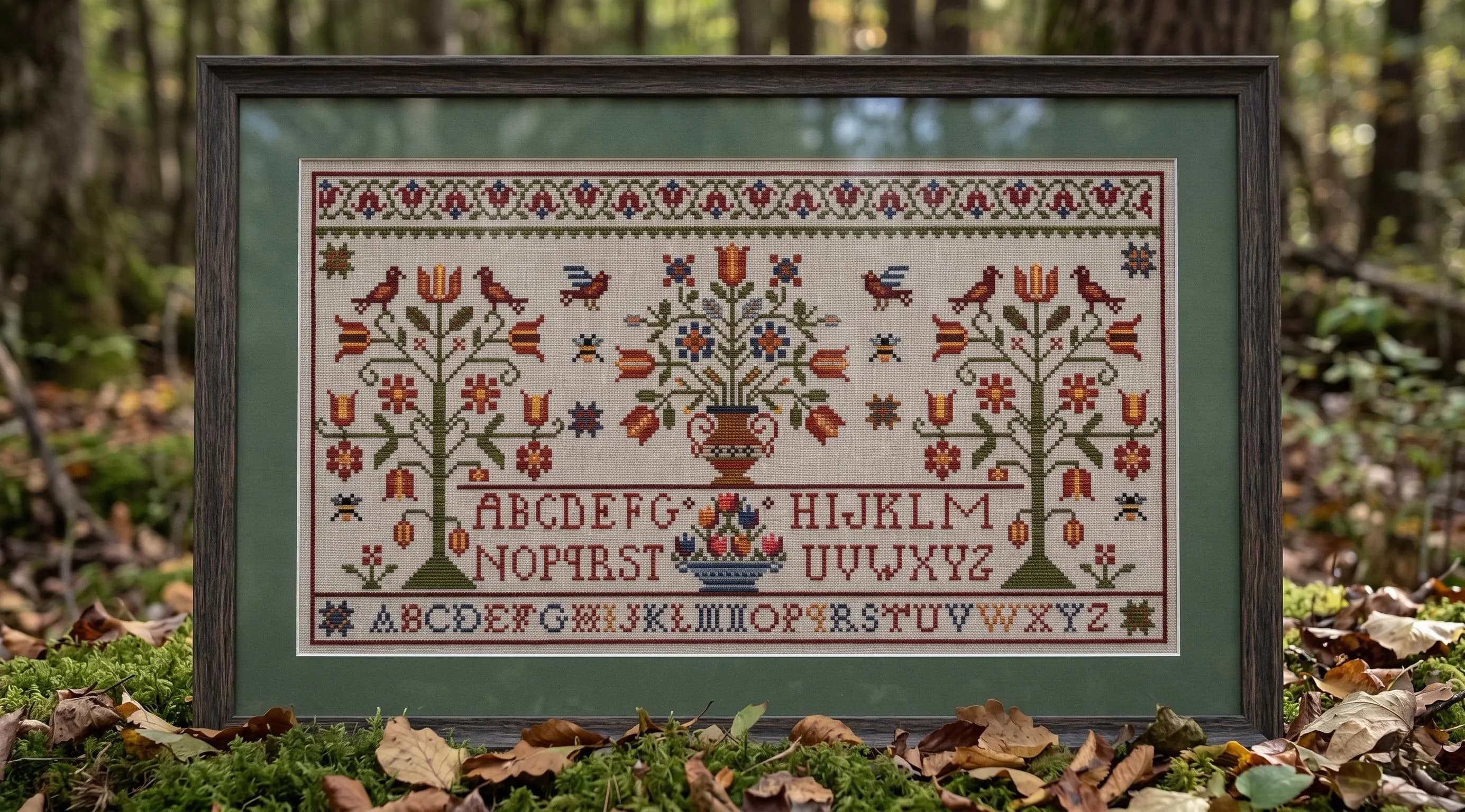 Alphabet Cross Stitch Sampler Pattern PDF, Folk Art Birds Floral Tree Design - image 5