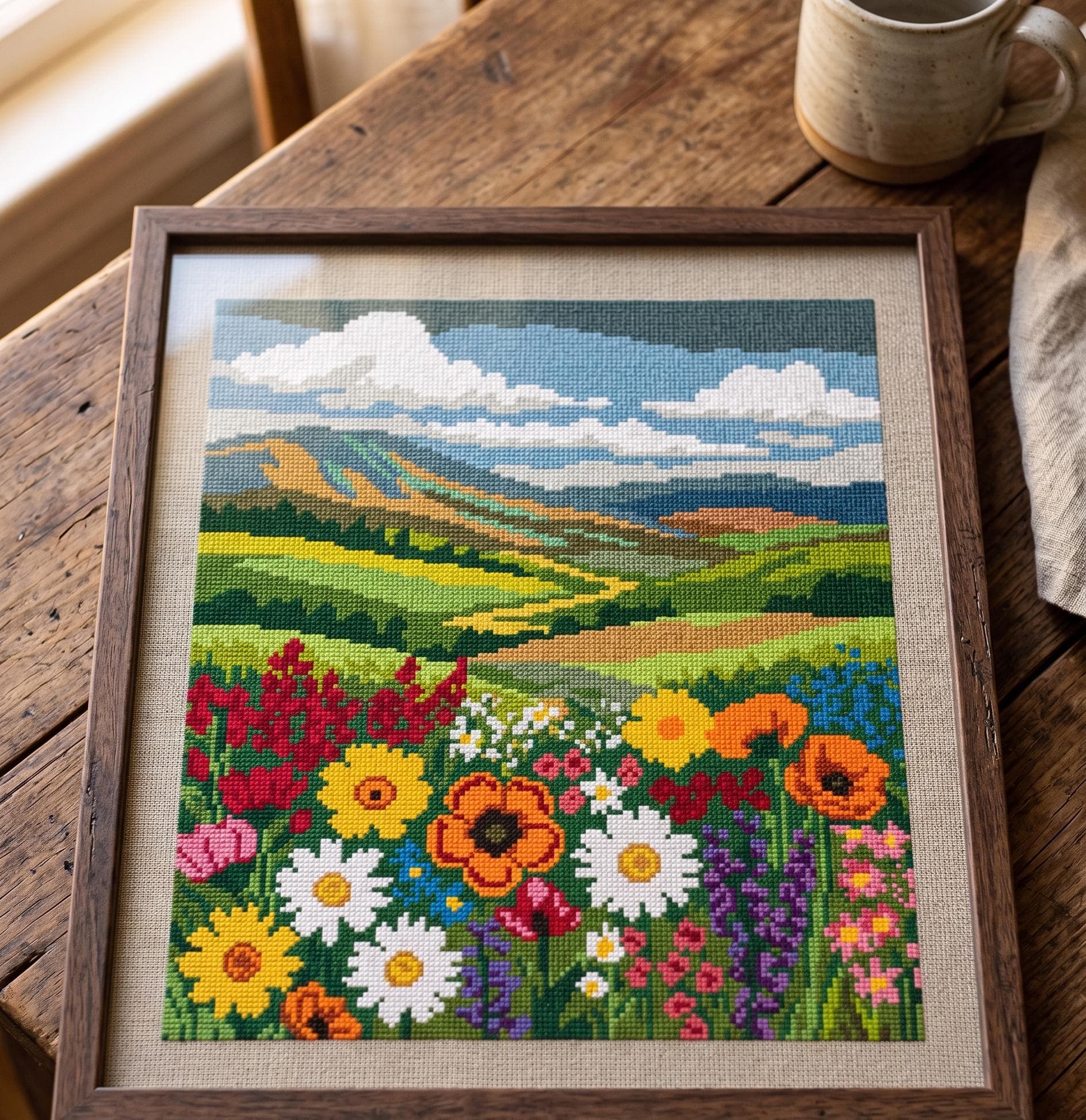 Wildflower Meadow Cross Stitch Pattern PDF, Mountain Landscape Scene, Colorful Nature Embroidery Design - image 2