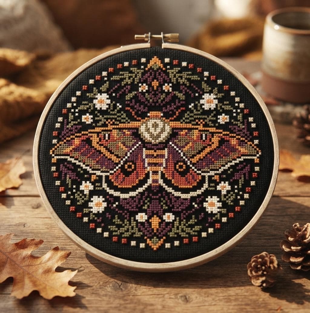 Moth Cross Stitch Pattern, Vintage Folk Art Insect Embroidery Chart (PDF Download) - image 4