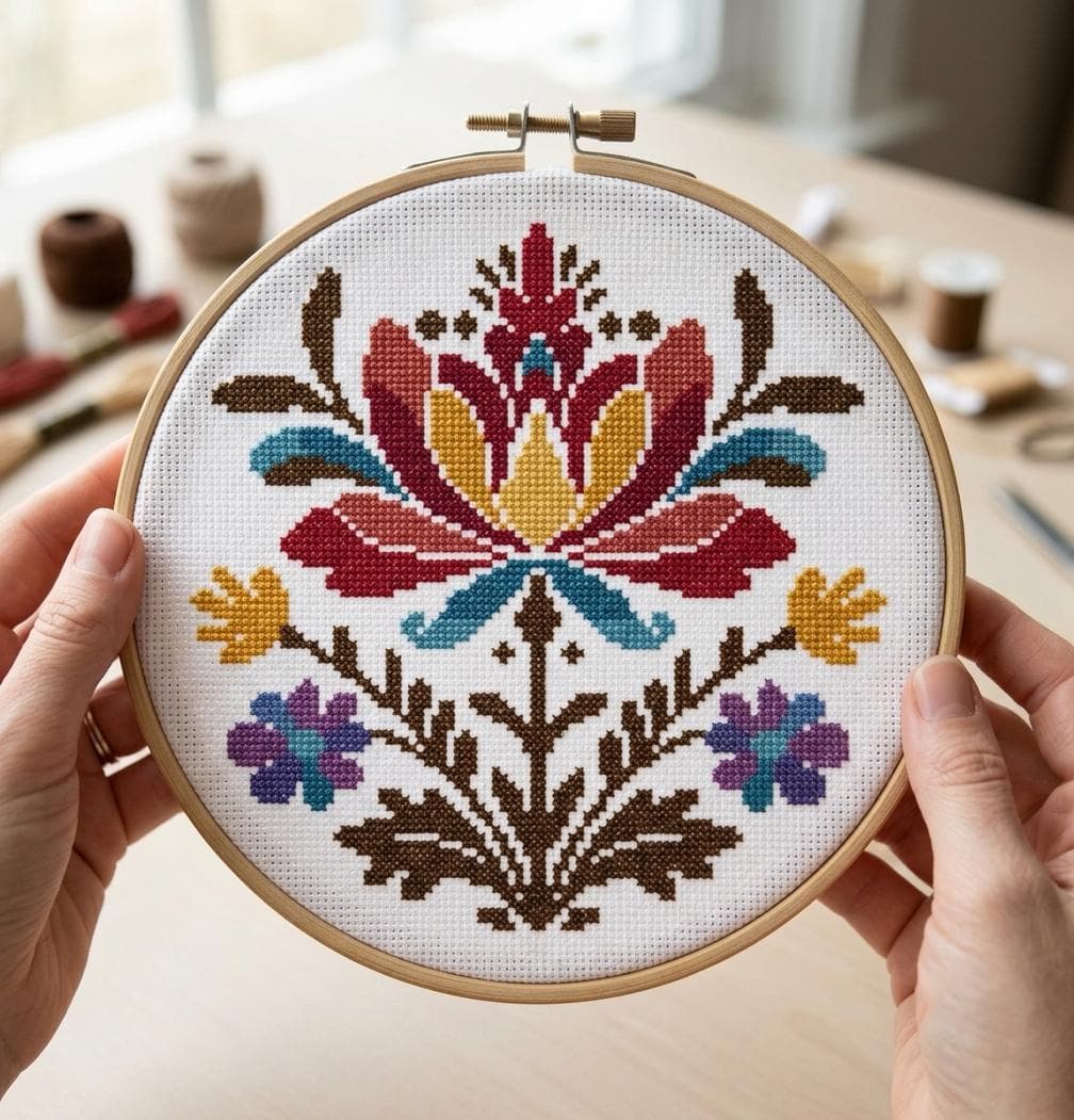 Botanical Cross Stitch Pattern, Folk Art Flower Bouquet, Vintage Embroidery Design, Instant PDF Download - image 4