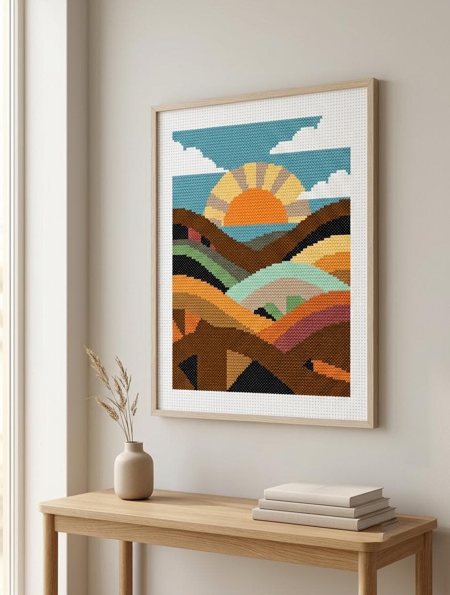 Abstract Sunset Landscape Cross Stitch Pattern, Mountain Lake Embroidery (Digital PDF) - image 4
