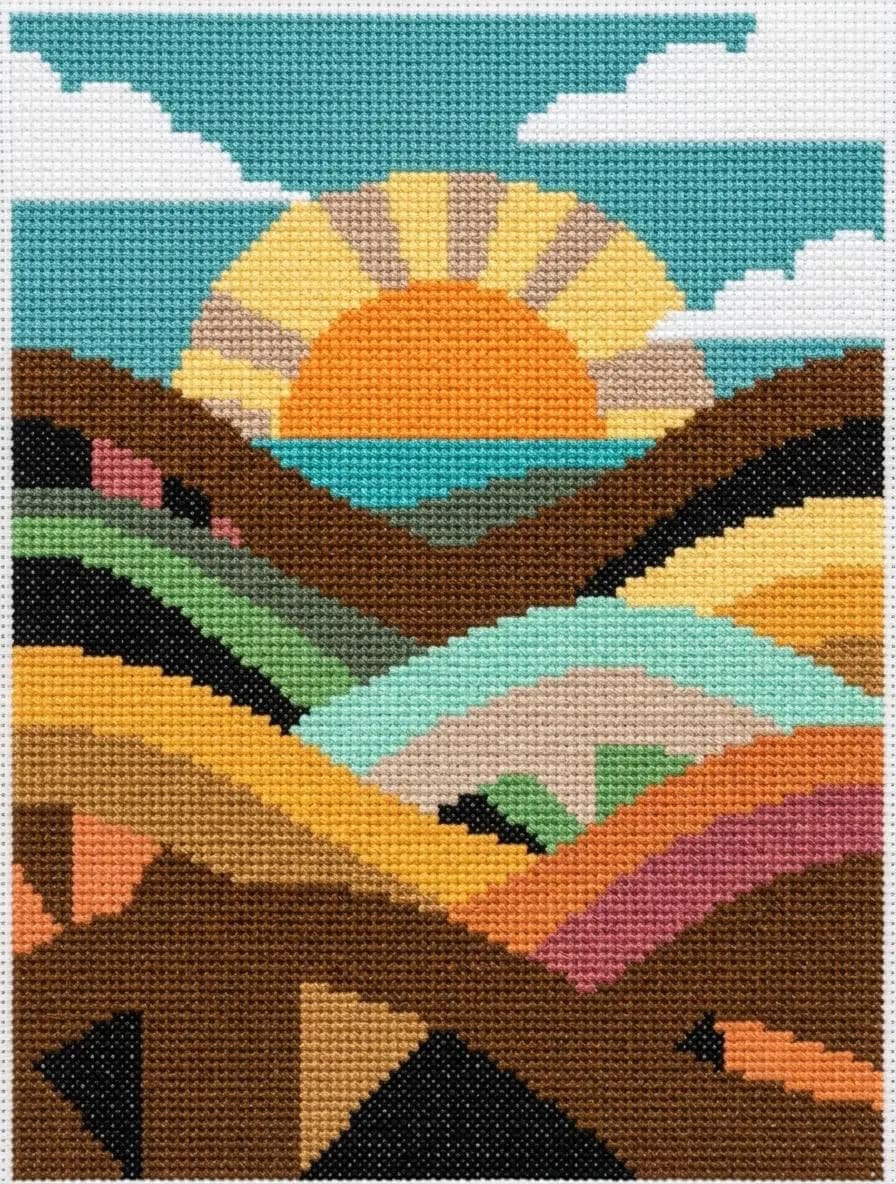 Abstract Sunset Landscape Cross Stitch Pattern, Mountain Lake Embroidery (Digital PDF) - image 5