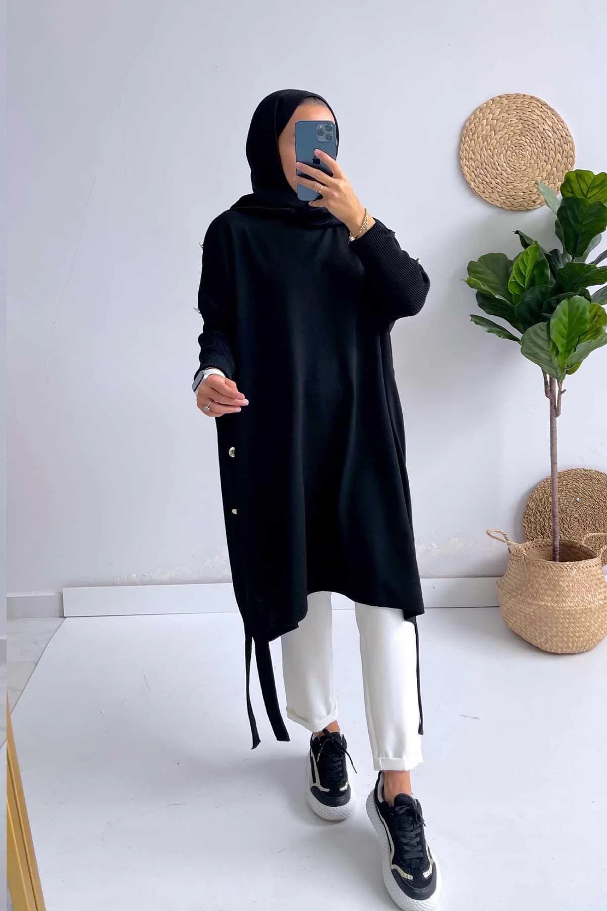 Elegant Black Poncho with Button Details - Modest Women’s Fashion, Hijab-Friendly Lightweight Knitwear, Fall Winter Outfit,(KH-1311) - image 3