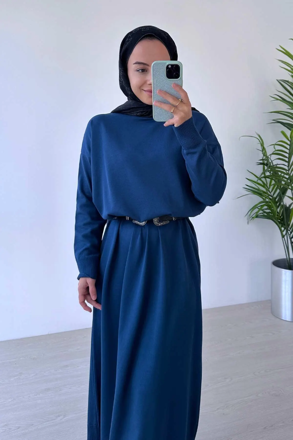 Petrol Blue Mercerized Knitwear Dress–Long-Sleeve Modest Fit,Perfect for Hijabi Fashion, Casual-Formal Outfits, Comfortable Fabric,(KH-1718) - image 4