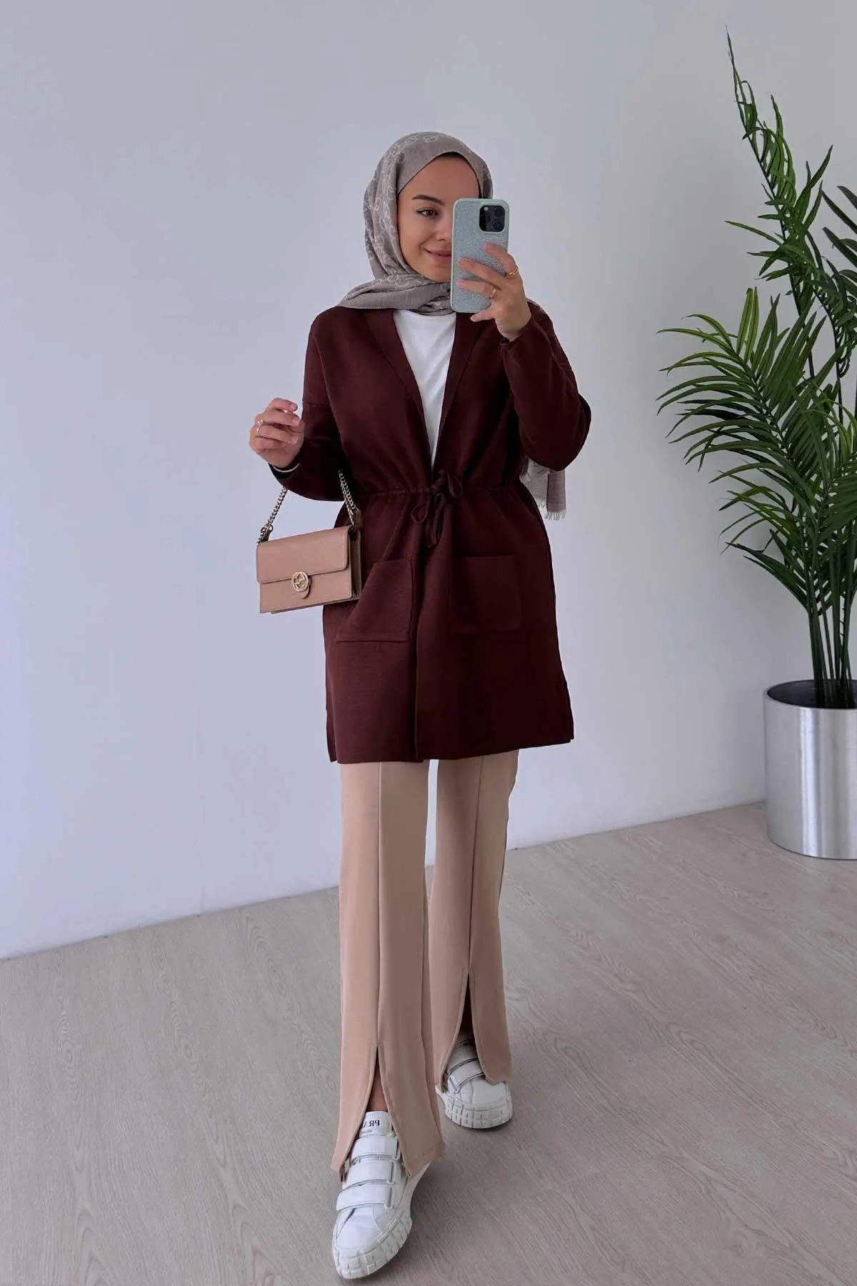 Brown Waist-Tied Mercerized Cardigan with Double Pockets - Modest and Stylish Women's Long Knitwear for Fall and Winter,(KH-1867) - image 5