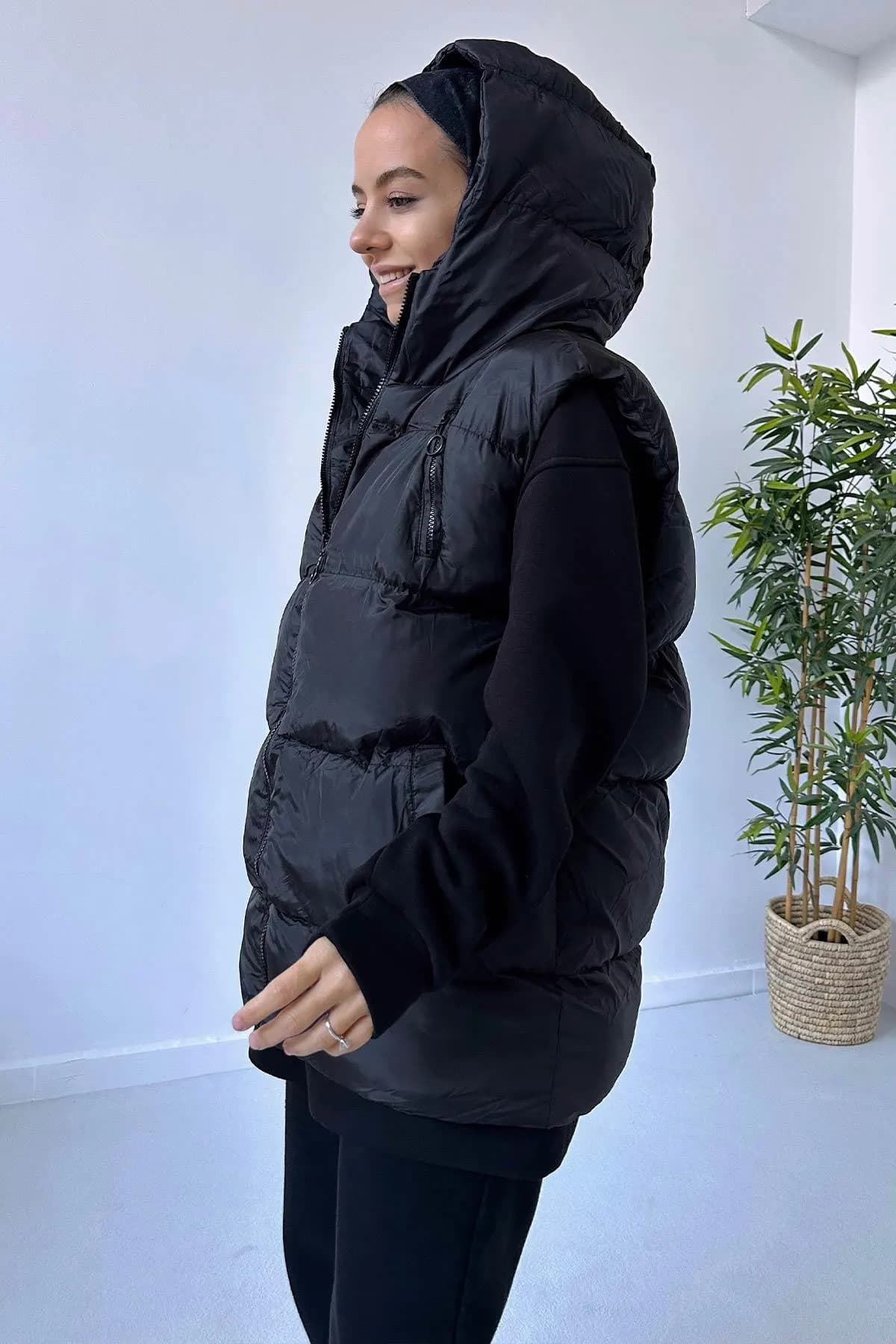 Lightweight Black Puffer Vest with Hood for Women - Winter Warm Sleeveless Jacket - Stylish Casual Outerwear for Cold Weather,(KH-1471) - image 2