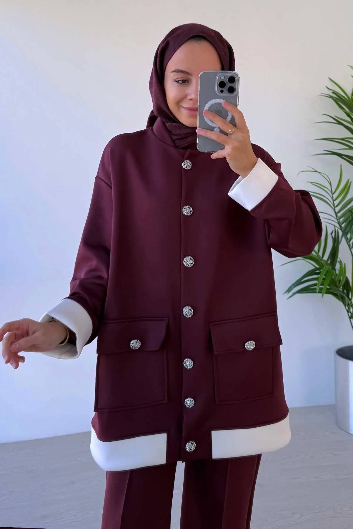 Elegant Burgundy Double Scuba Suit with Button Detail - Modest Fashion, Two-Piece Outfit for Everyday or Special Occasions,(KH-1991) - image 4