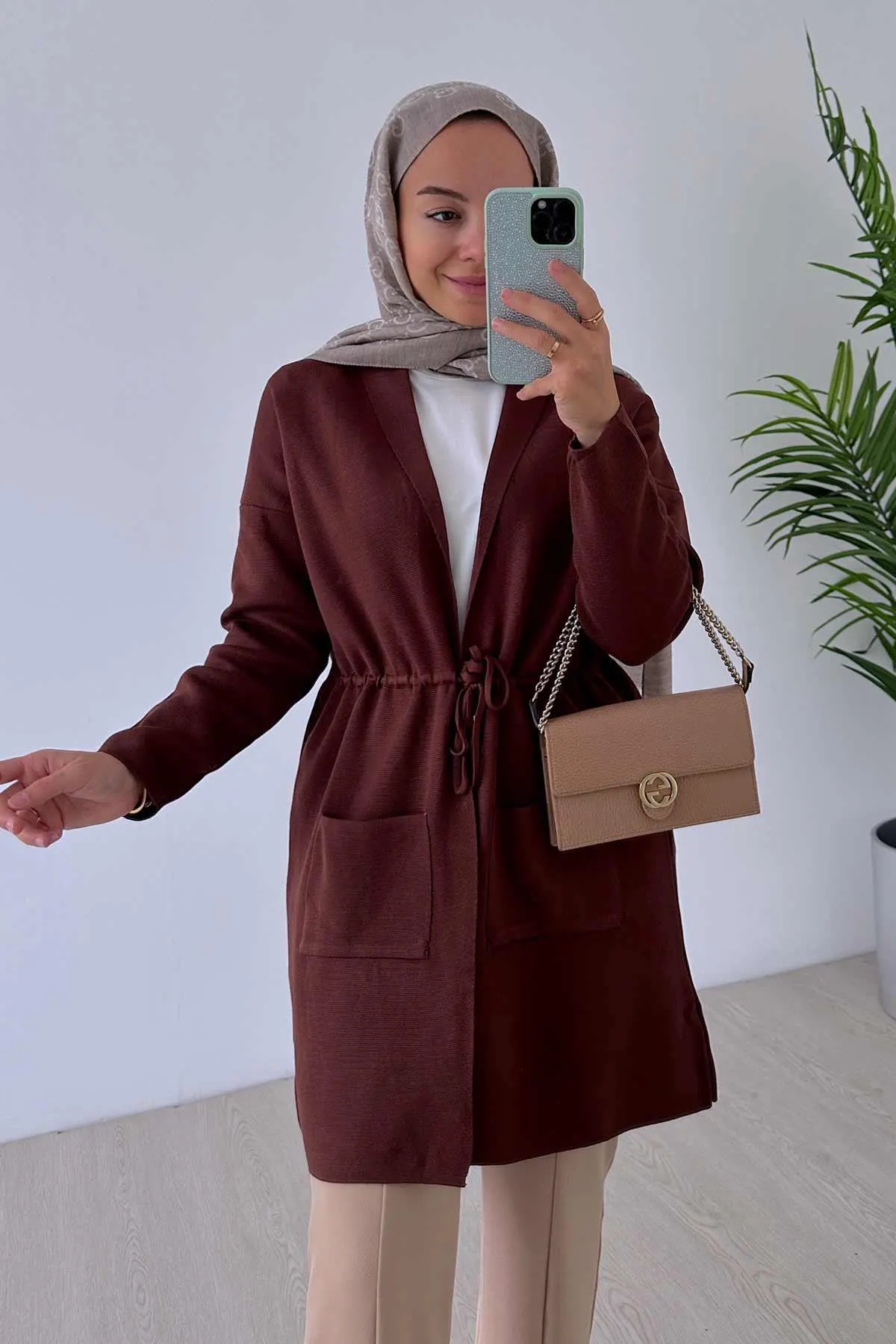 Brown Waist-Tied Mercerized Cardigan with Double Pockets - Modest and Stylish Women's Long Knitwear for Fall and Winter,(KH-1867) - image 4