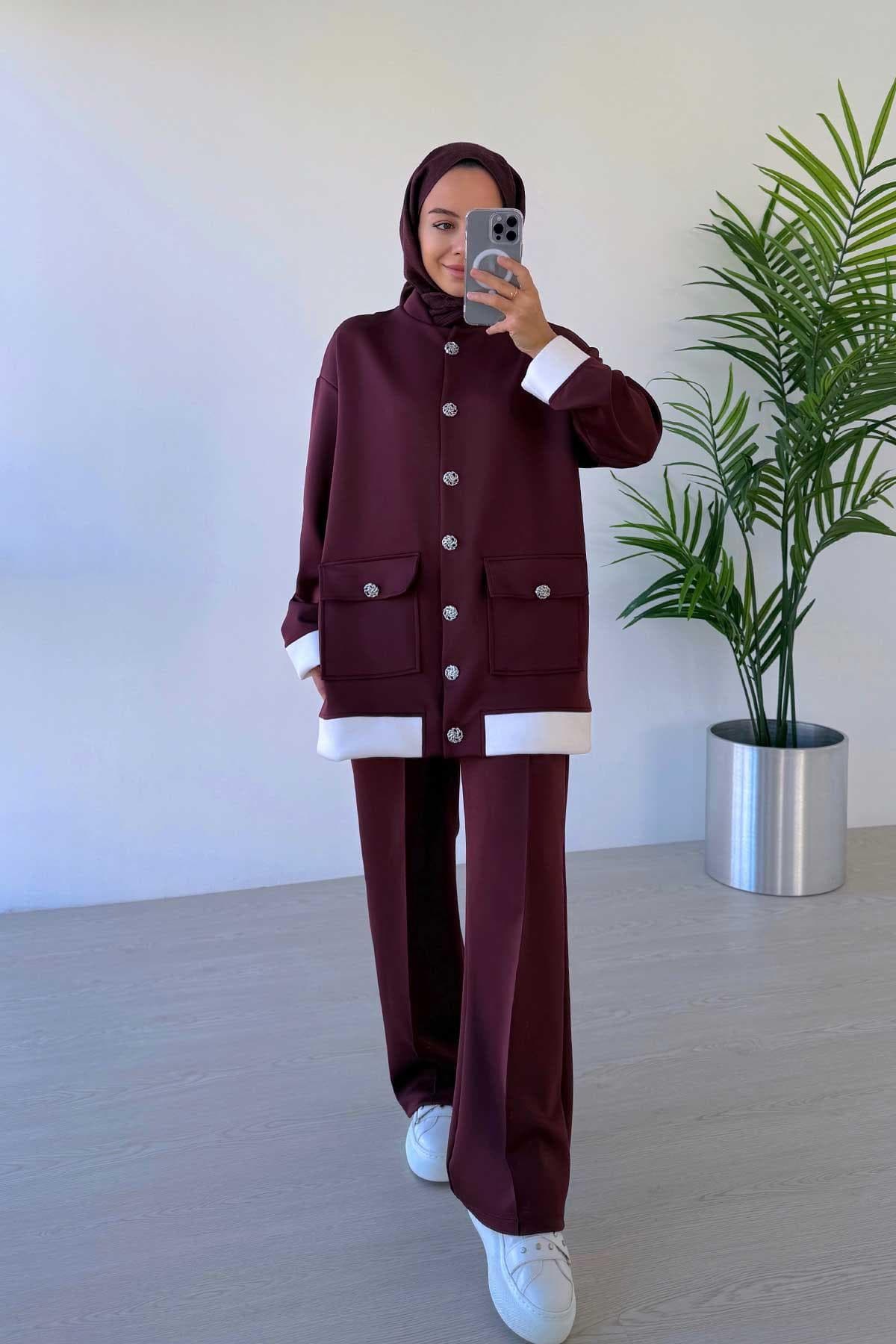Elegant Burgundy Double Scuba Suit with Button Detail - Modest Fashion, Two-Piece Outfit for Everyday or Special Occasions,(KH-1991) - image 5