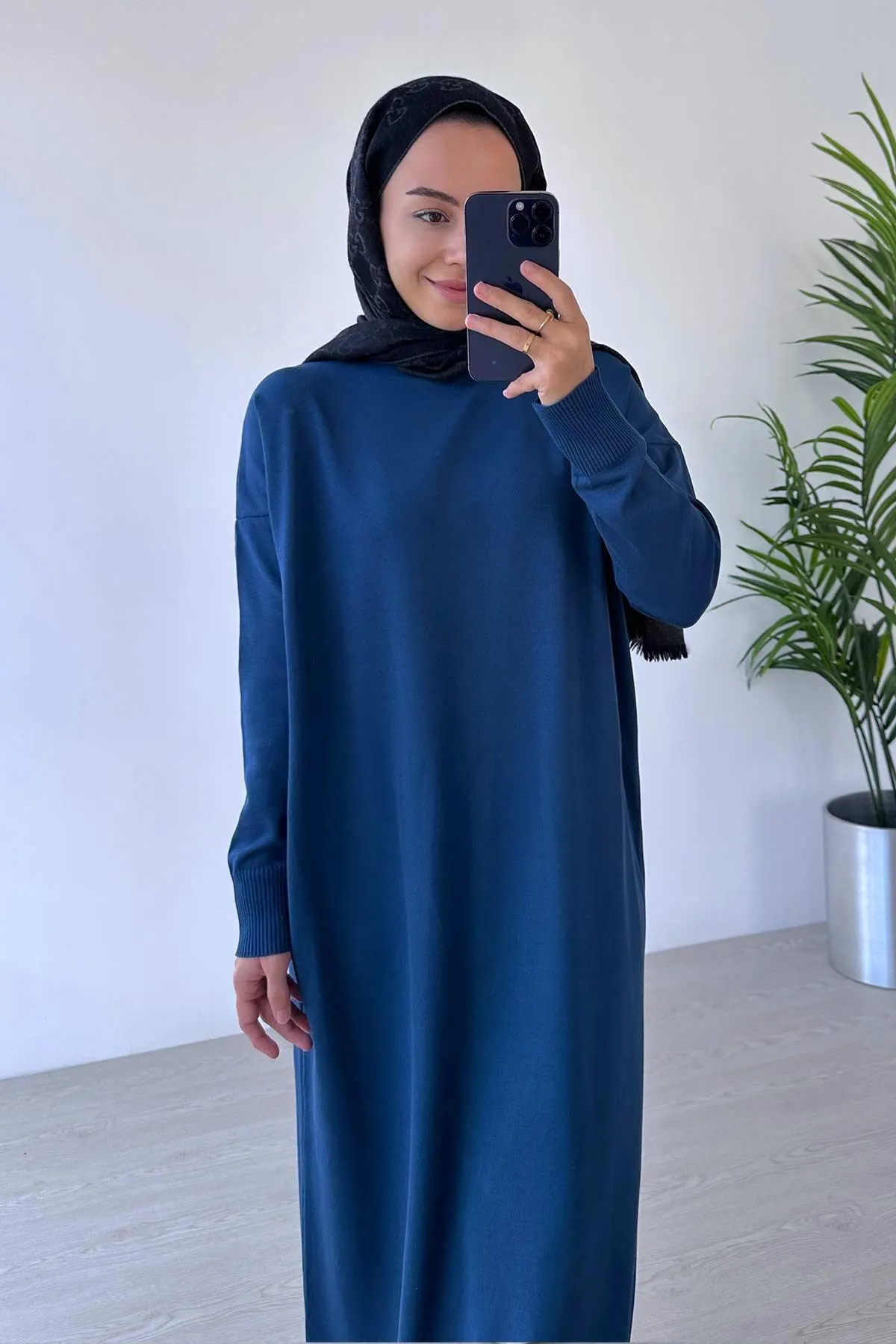 Petrol Blue Mercerized Knitwear Dress–Long-Sleeve Modest Fit,Perfect for Hijabi Fashion, Casual-Formal Outfits, Comfortable Fabric,(KH-1718) - image 2