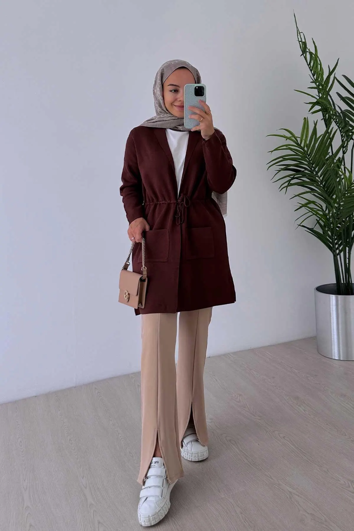 Brown Waist-Tied Mercerized Cardigan with Double Pockets - Modest and Stylish Women's Long Knitwear for Fall and Winter,(KH-1867) - image 3