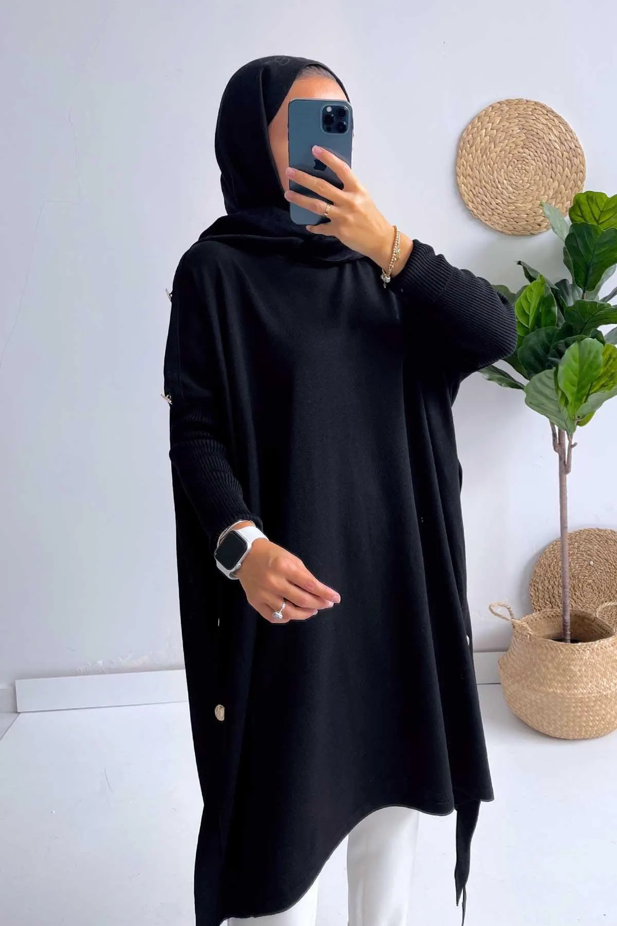 Elegant Black Poncho with Button Details - Modest Women’s Fashion, Hijab-Friendly Lightweight Knitwear, Fall Winter Outfit,(KH-1311) - image 5