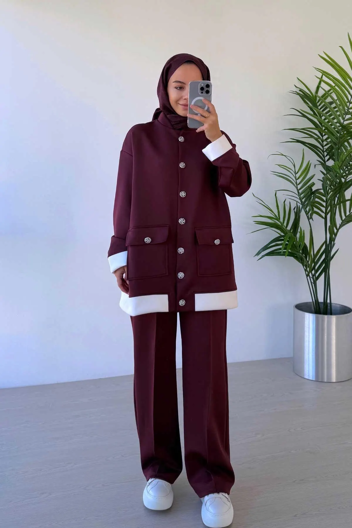Elegant Burgundy Double Scuba Suit with Button Detail - Modest Fashion, Two-Piece Outfit for Everyday or Special Occasions,(KH-1991) - image 3