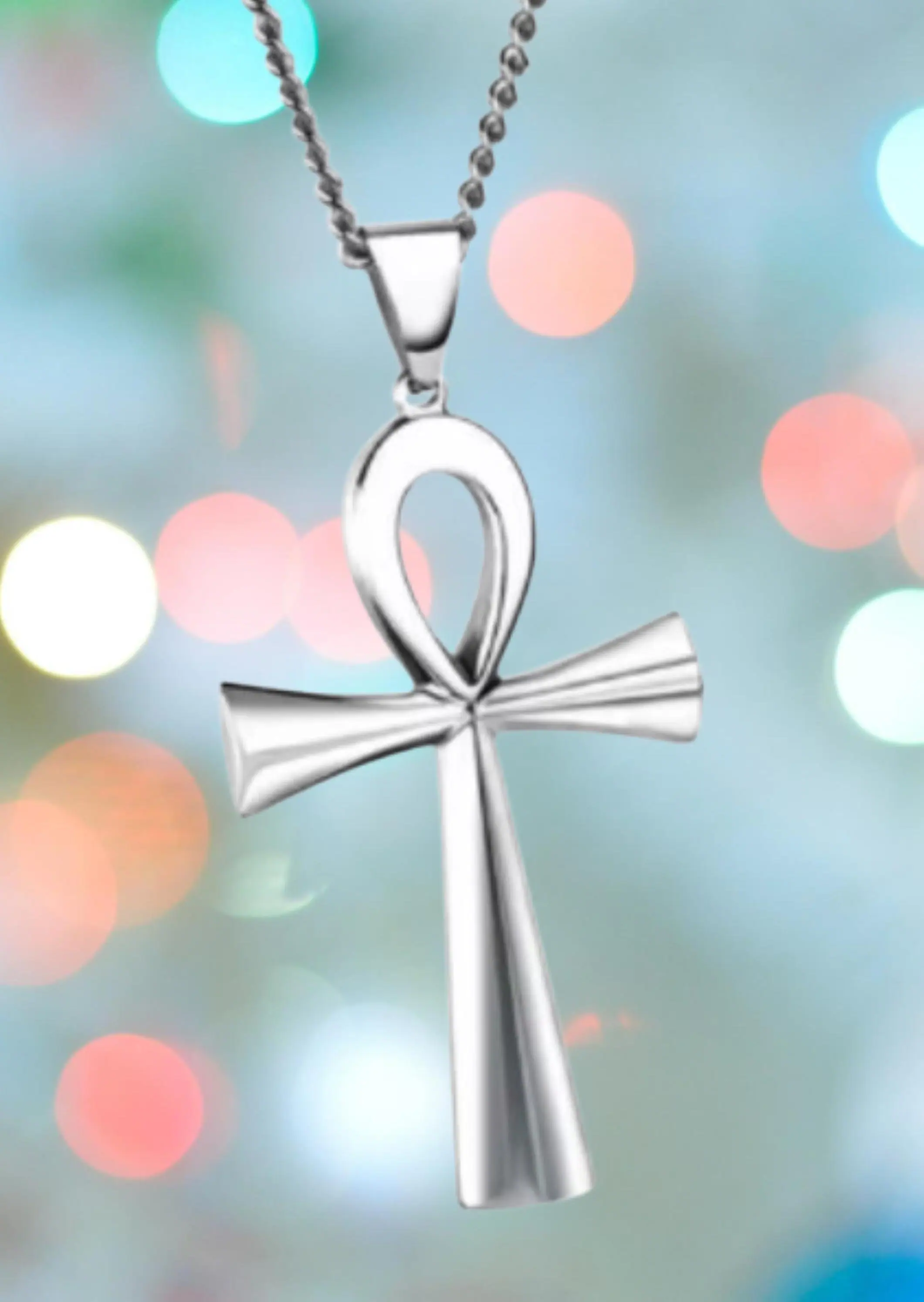 Silver Ankh Cross Necklace, Egyptian Life Symbol Pendant, Stainless Steel Jewelry for Men & Women, African Spiritual Protection Gift