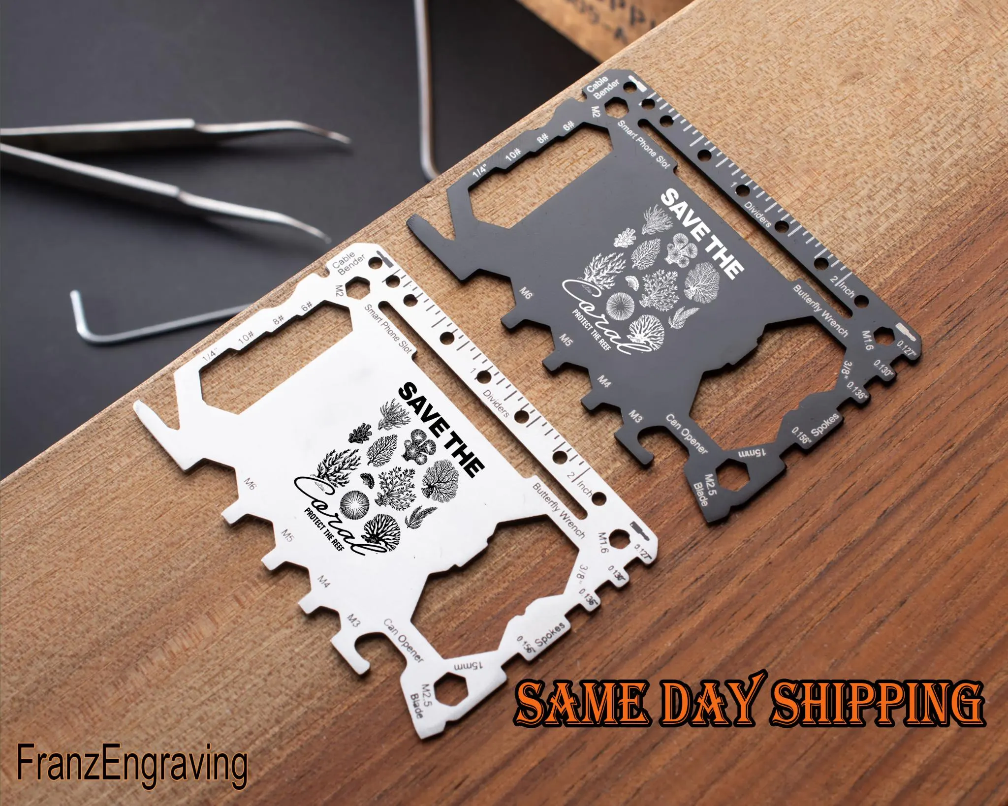 Save The Coral Multitool Card: Engraved Reef, Stainless Steel Wallet Tool - image 3