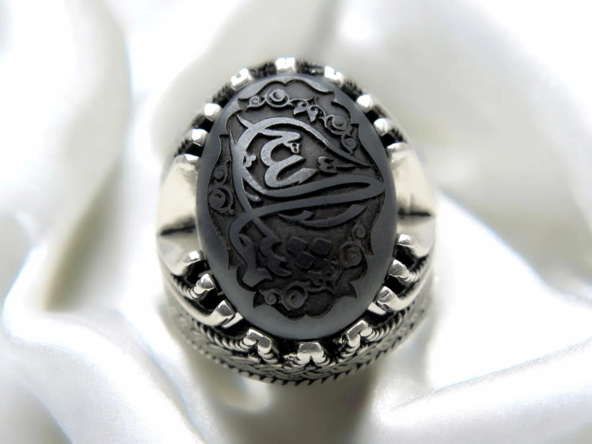 Engraved Hematite Sterling Silver 925 Man Ring: Islamic Prayers - image 3