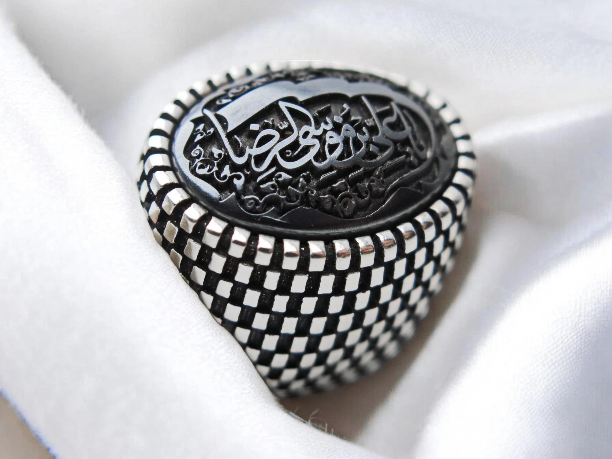 Men's 925 Silver Hematite Islamic Ring: Imam Reza Arabic Script
