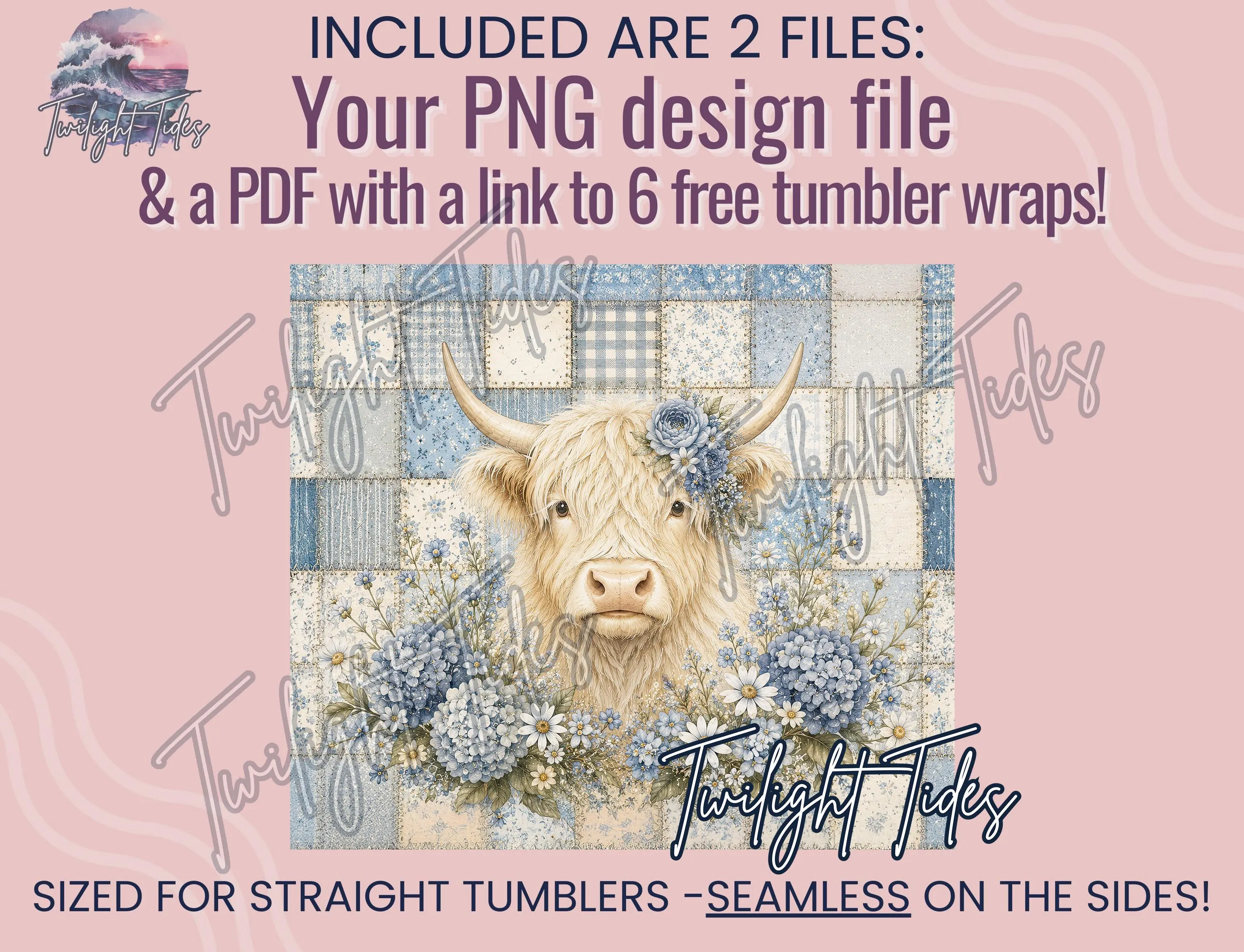 Highland Cow Tumbler Wrap 20 oz Skinny Tumbler Sublimation Design, Blue Floral Boho Patchwork Digital Download PNG Seamless Tumbler Wrap - image 4