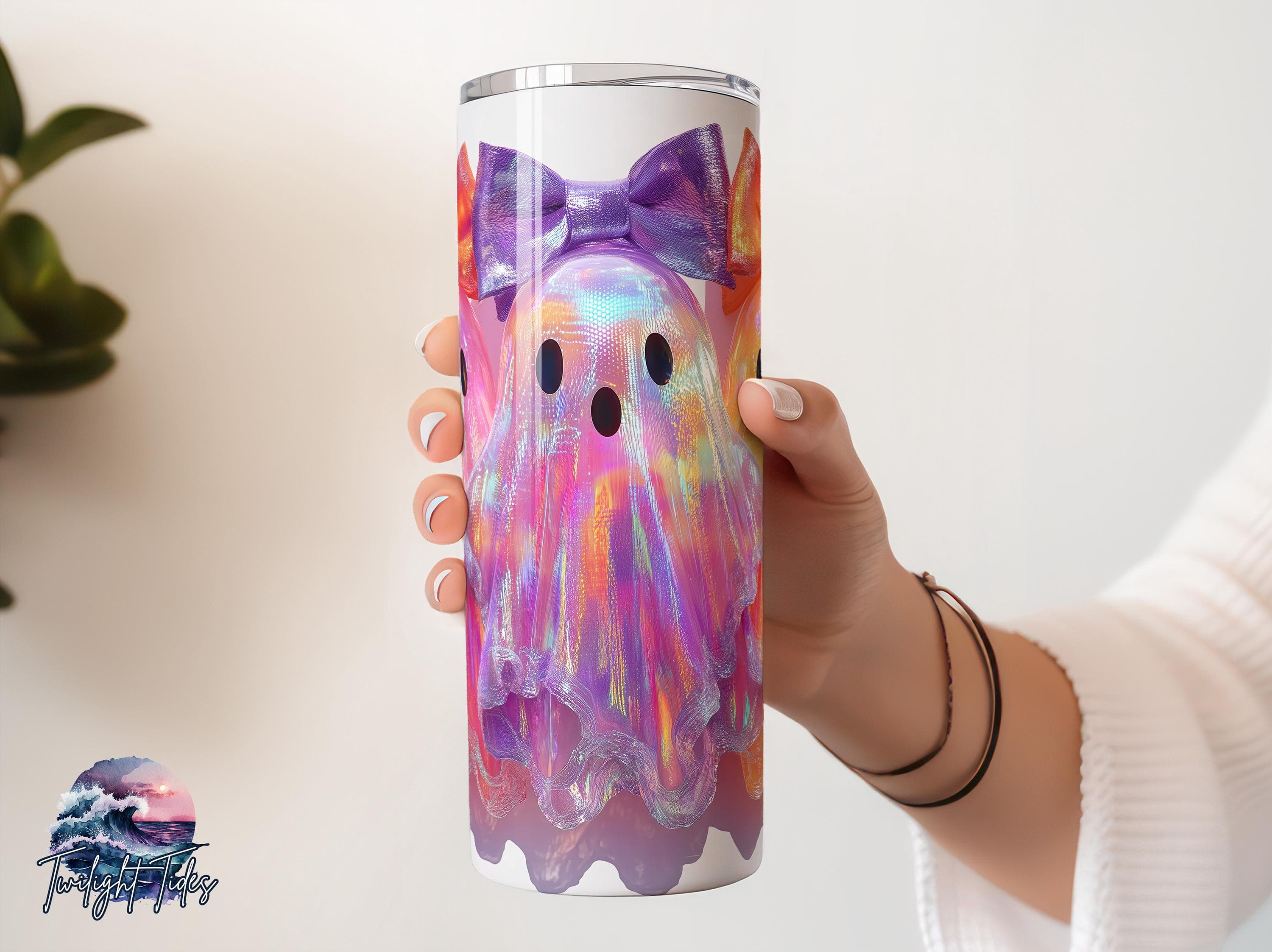 Neon Halloween Ghosts 20 oz Skinny Tumbler Sublimation Design, Coquette ghost Digital Download PNG Instant Download Seamless Tumbler Wrap - image 3