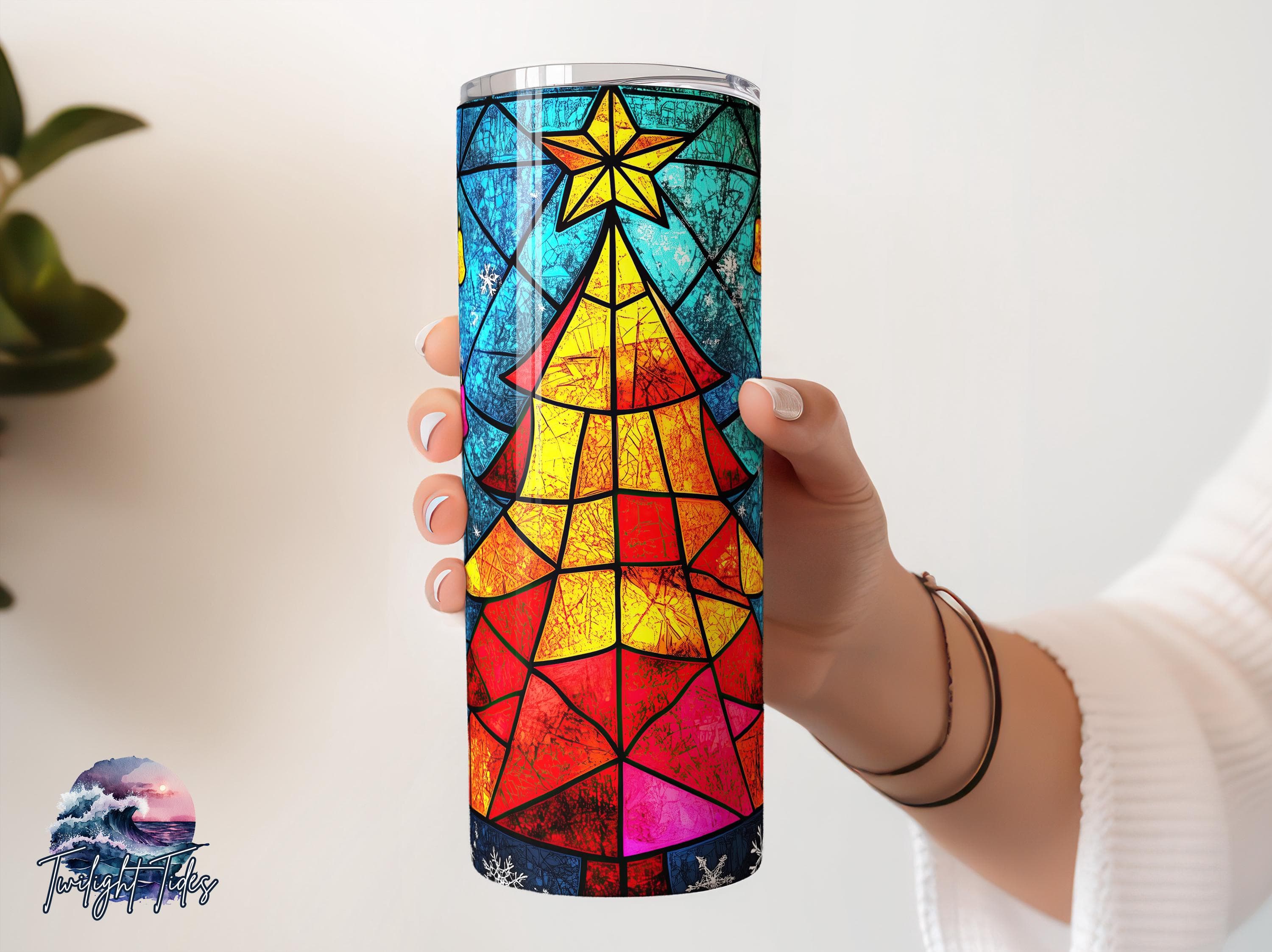 Christmas Tree Stained Glass 20 oz Skinny Tumbler Sublimation Design, Merry Xmas Digital Download PNG Instant Download Seamless Tumbler Wrap - image 3