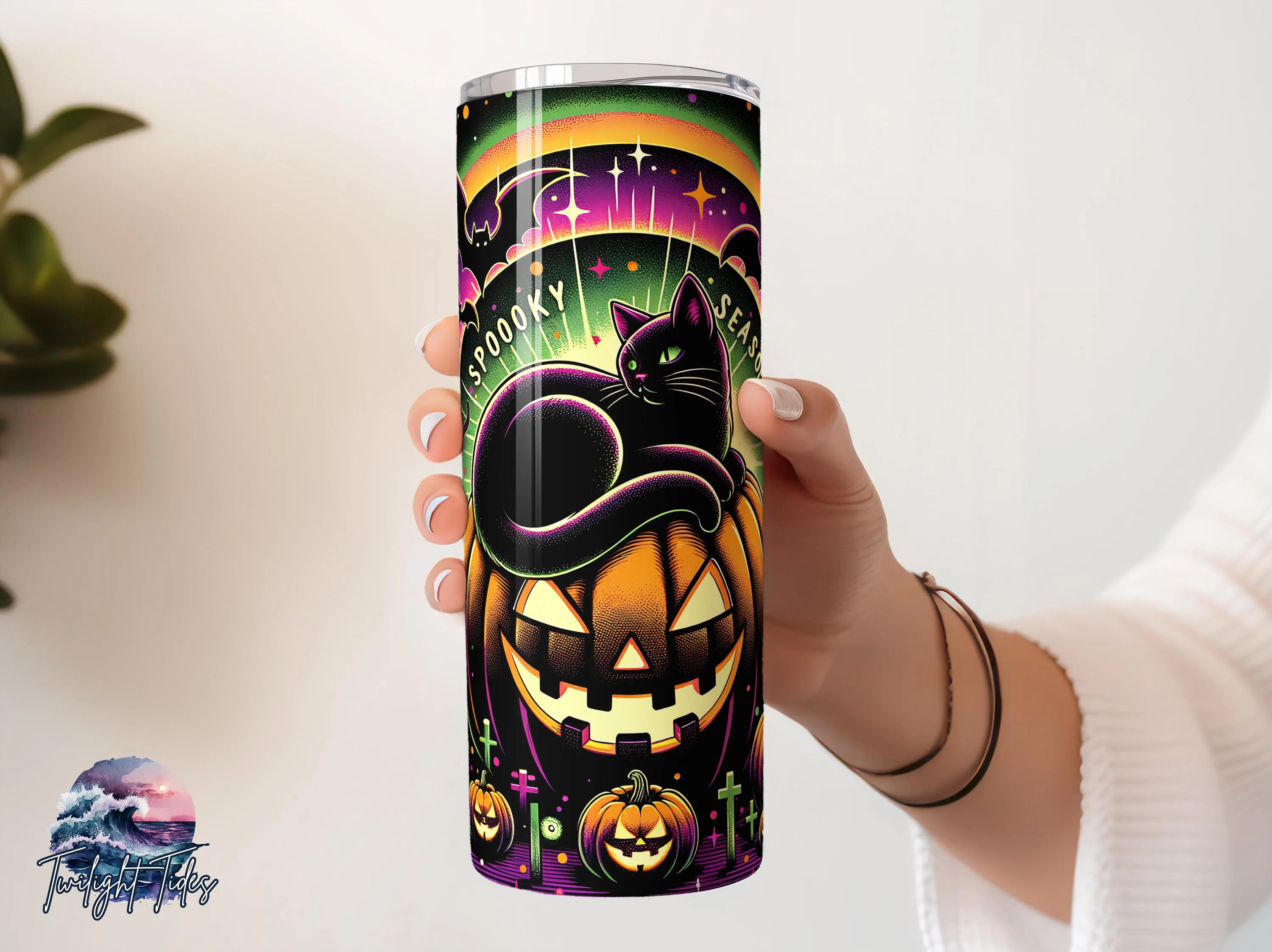 Black Cat Halloween Pumpkin 20 oz Skinny Tumbler Sublimation Design, Spooky Digital Download PNG Instant Download Seamless Tumbler Wrap - image 3