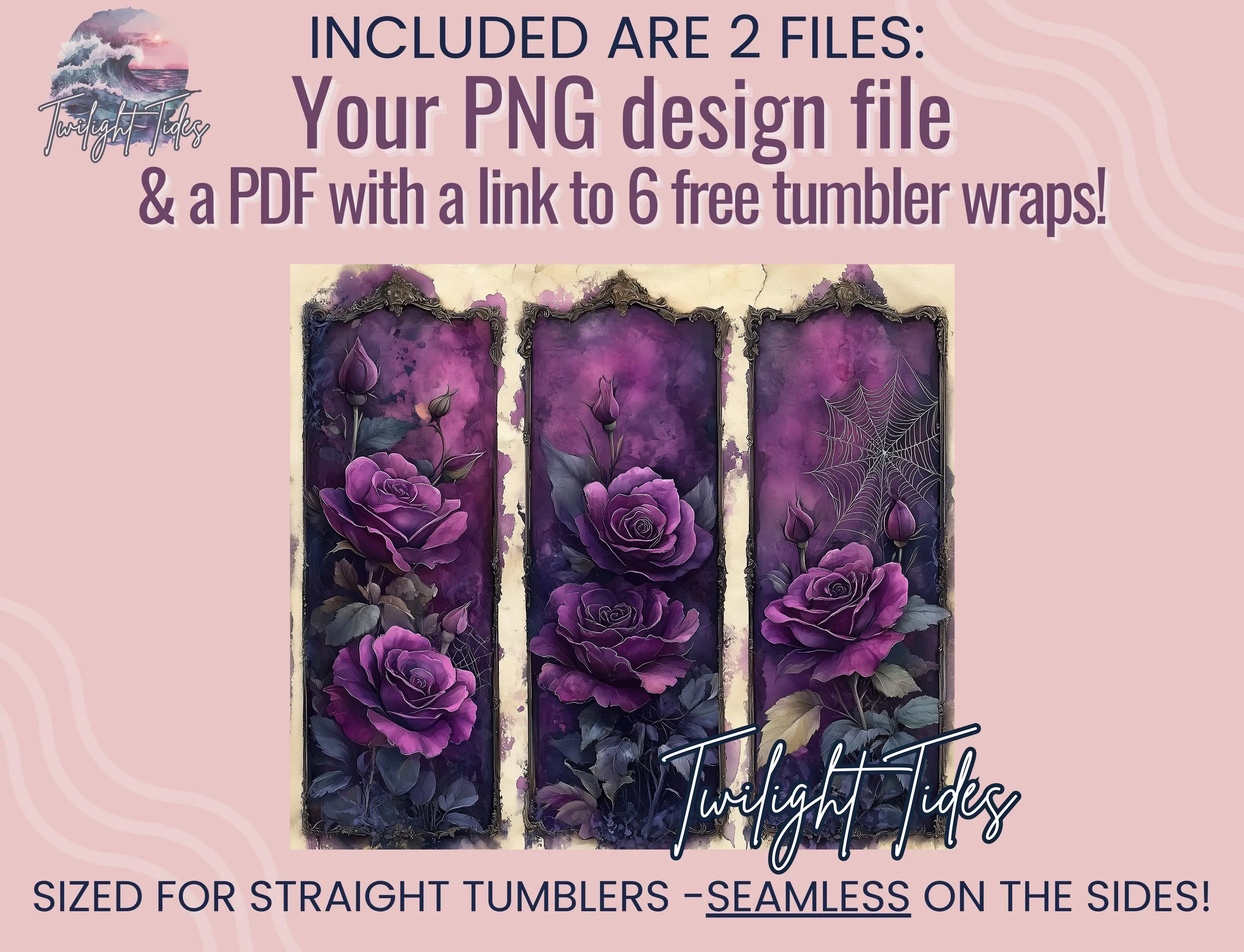 Purple Roses Goth Spiderwebs 20 oz Skinny Tumbler Sublimation Design, Black Digital Download PNG Instant Download Seamless Tumbler Wrap - image 4