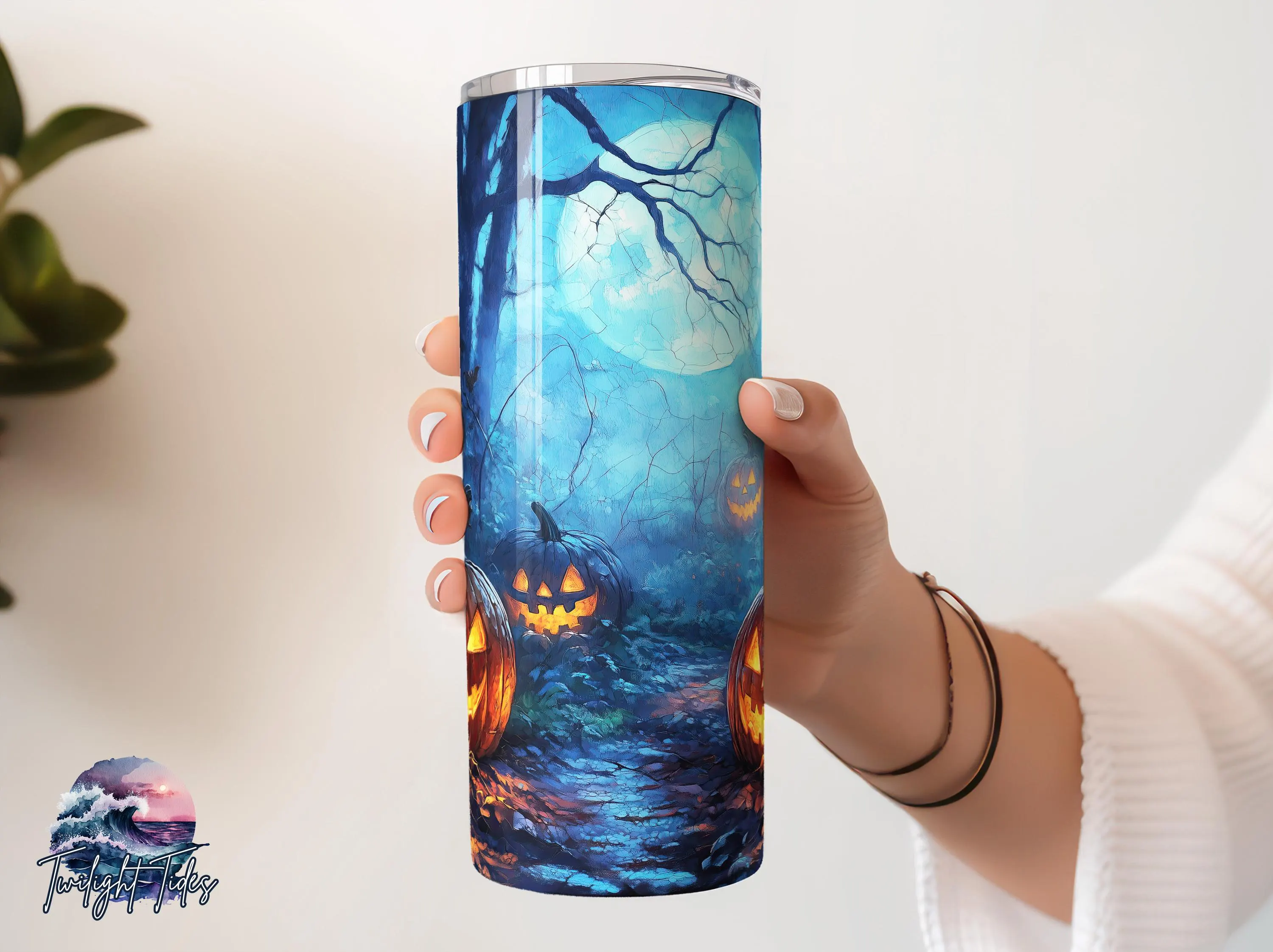 Halloween Night Pumpkins 20 oz Skinny Tumbler Sublimation Design, Jack o lantern Digital Download PNG Instant Download Seamless Tumbler Wrap - image 3