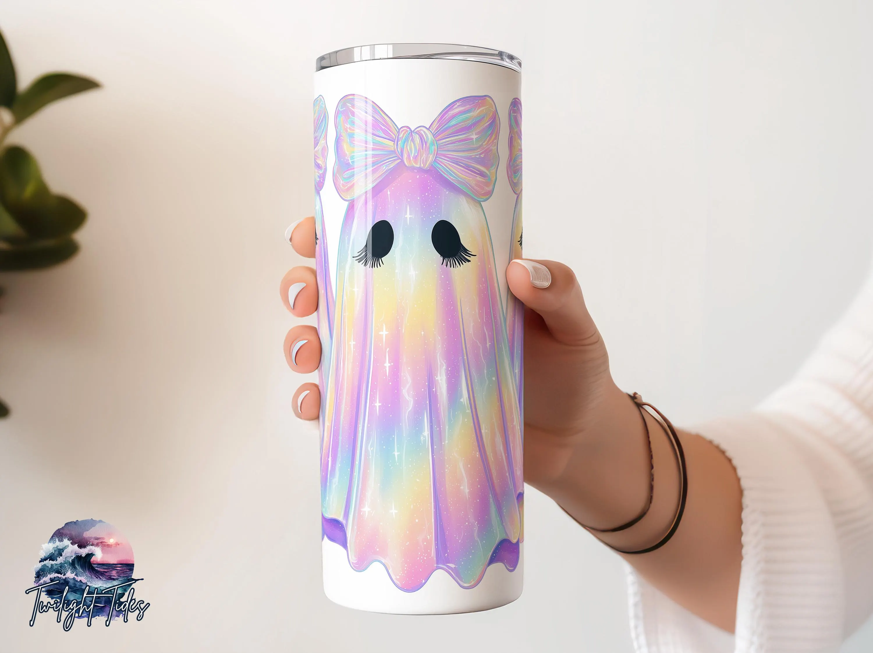 Iridescent ghosts Holographic 20 oz Skinny Tumbler Sublimation Design, Halloween Digital Download PNG Instant Download Seamless Tumbler Wrap - image 3