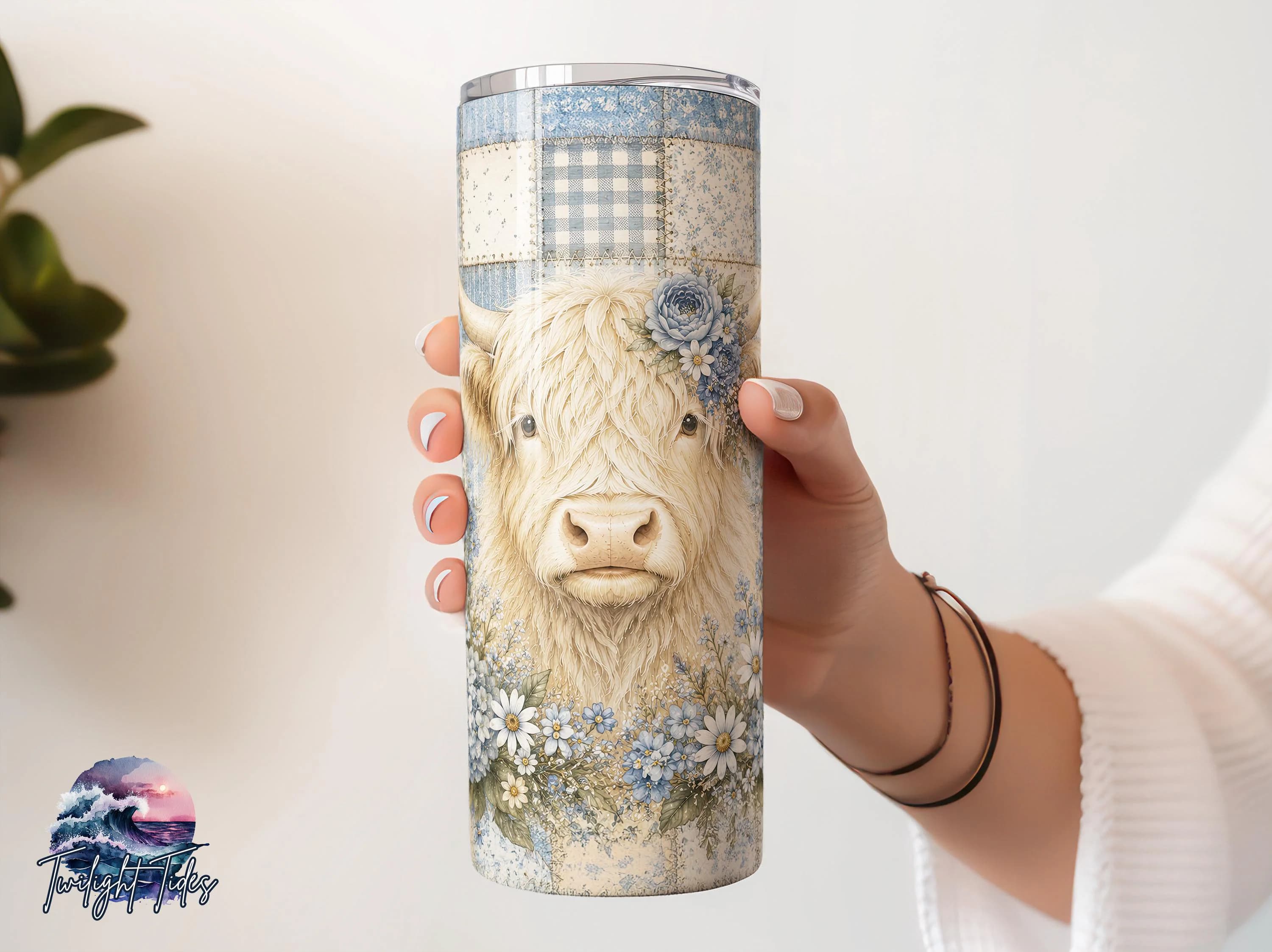 Highland Cow Tumbler Wrap 20 oz Skinny Tumbler Sublimation Design, Blue Floral Boho Patchwork Digital Download PNG Seamless Tumbler Wrap - image 3