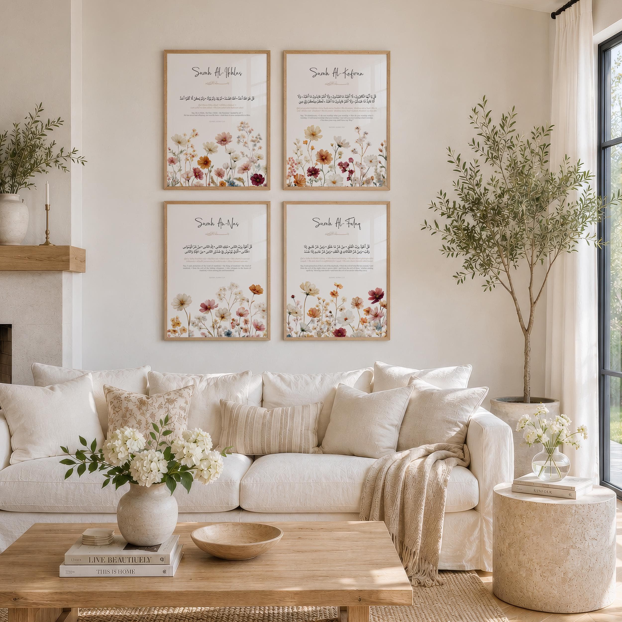 4 Quls Islamic Wall Art Set | Surah Al-Kafirun, Al-Ikhlas, Al-Falaq & An-Nas | Floral Quran Wall Art | Muslim Home Decor | Islamic Gift - image 3