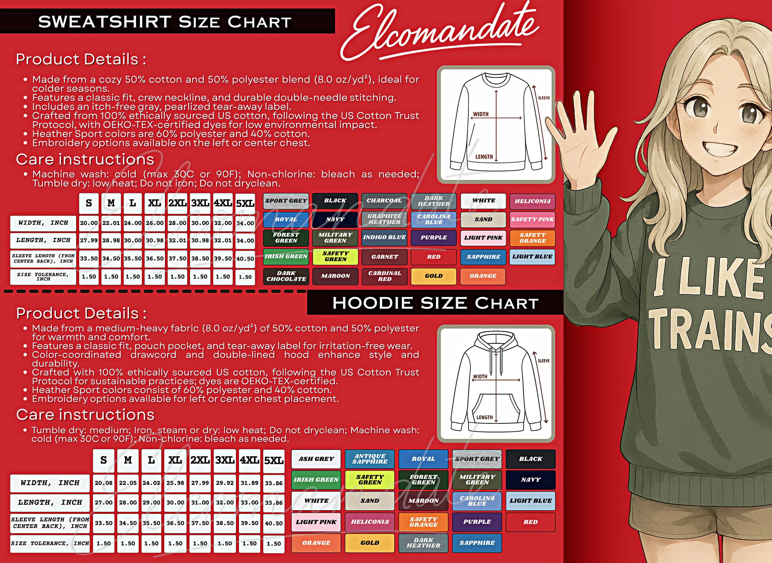 The image is a promotional material for a sweatshirt, featuring an illustration of a young woman wearing a sweatshirt with the text "I LIKE TRAINS" and providing details about the sweatshirt's size chart and product details.