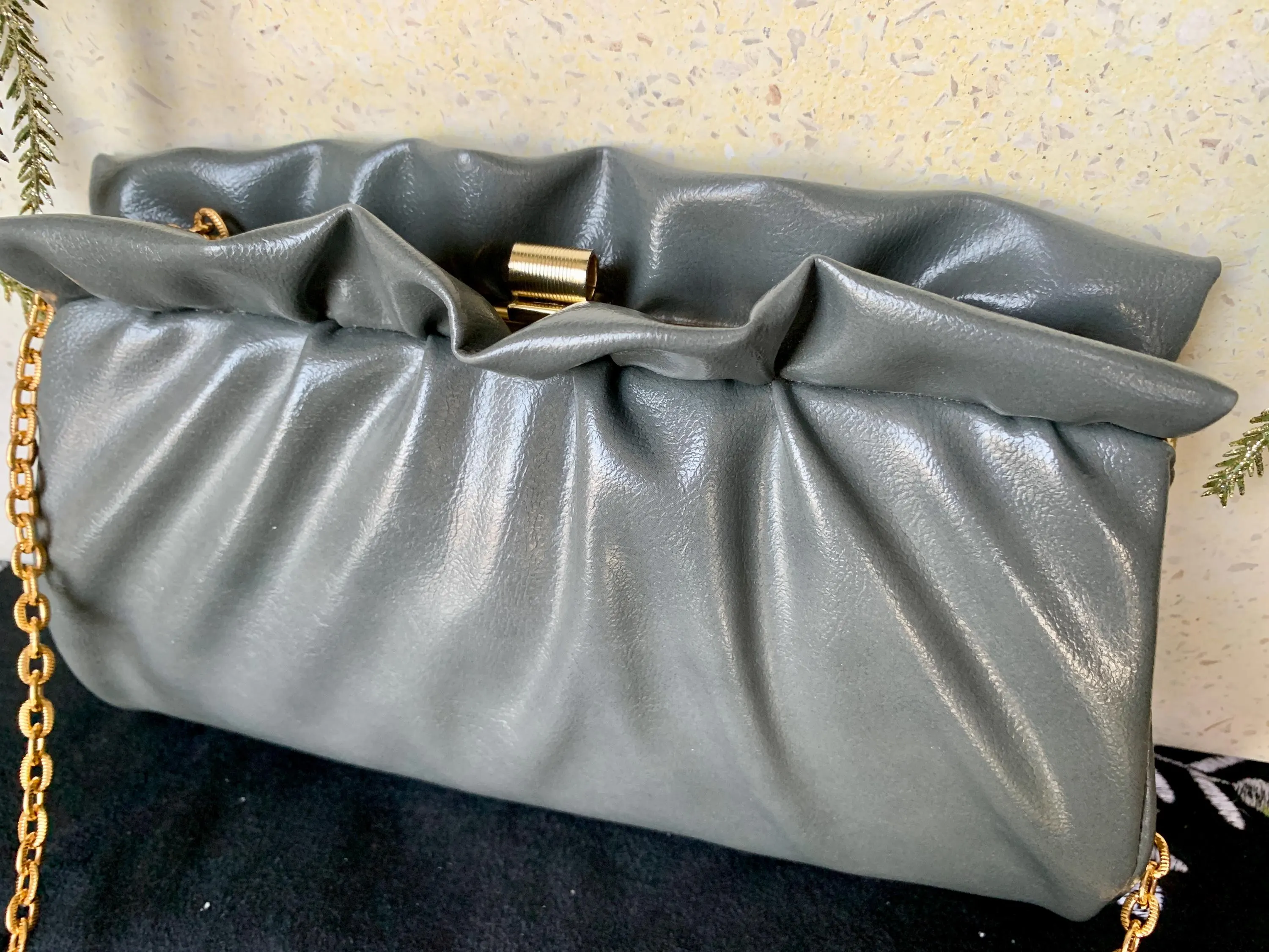 Unused Vintage 6“x 9 1/4” Grey Pebbled/Textured (Faux)Leather? Ruched Structured Clutch/Shoulder Bag w/Gold Frame, Clasp & 16.5” Chain Strap - image 3