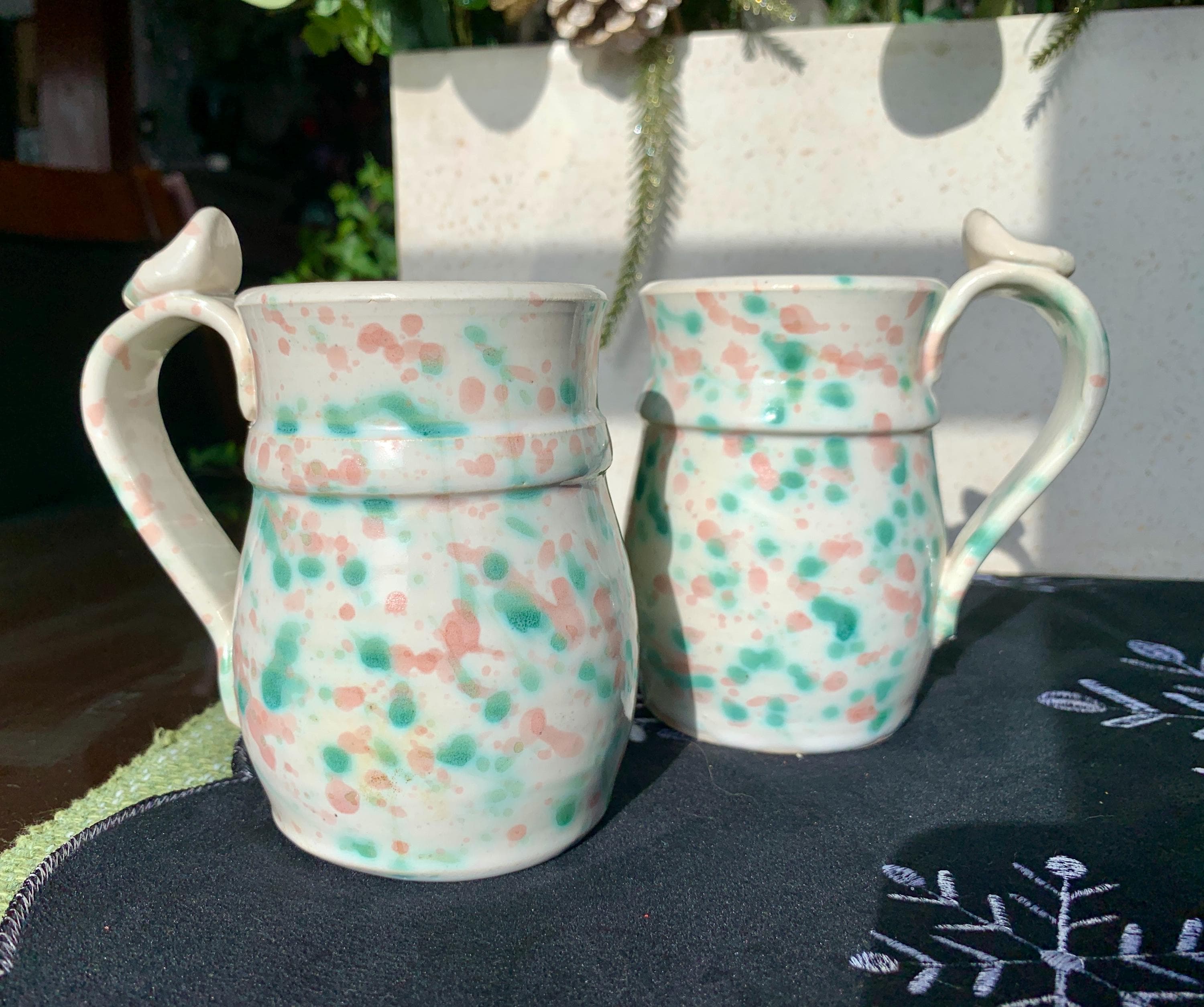 Unused Pair of Vintage? 11.5 floz Signed Studio Art Pottery Whimsical Spatter Glazed Artisanal Ceramic Mugs w/Oversized Ornate Handles - image 3