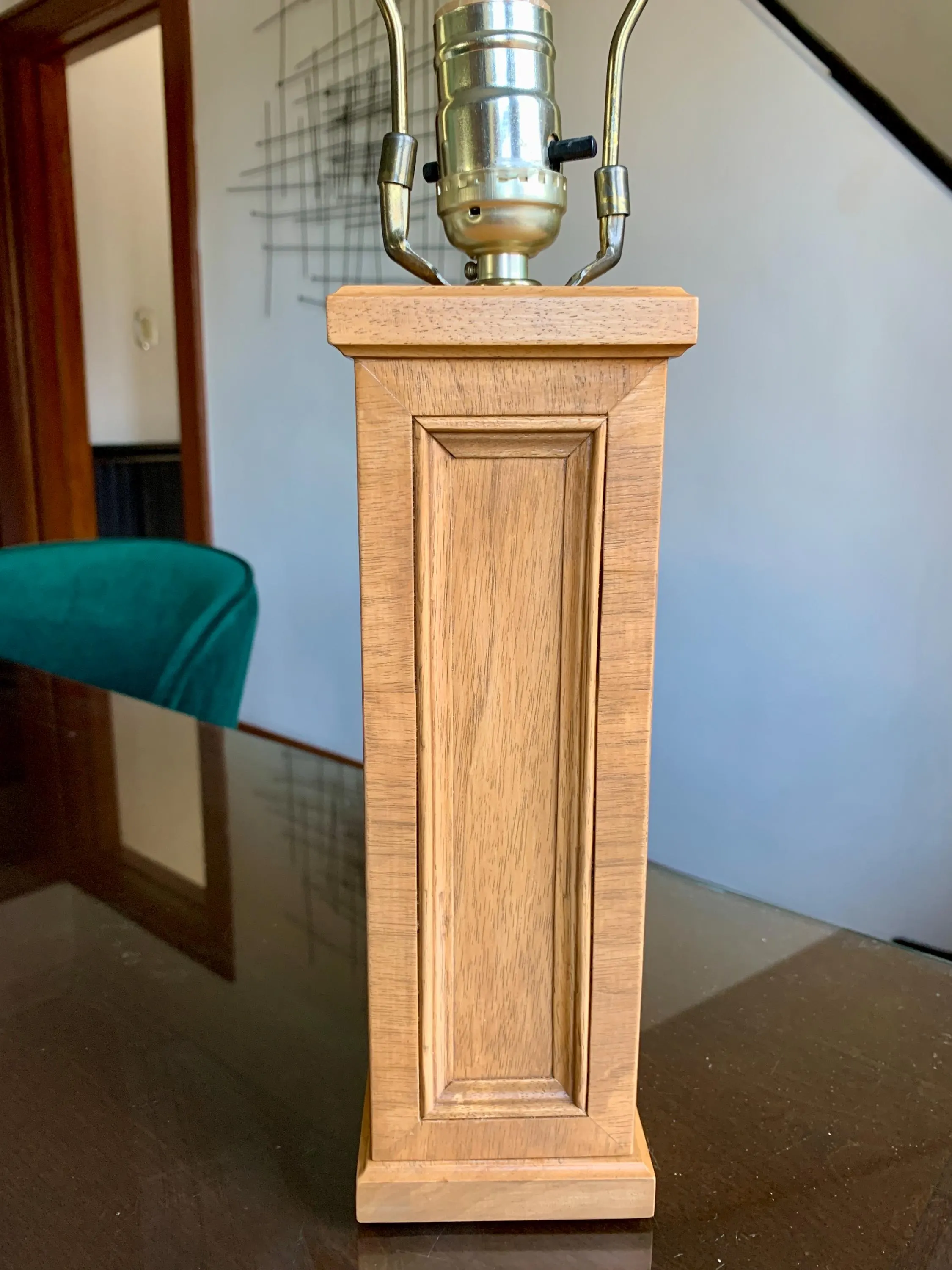 Vintage 21 3/4”x 3 1/2” FREDERICK COOPER? American Made Solid Oak Rectangular Architectural Wood Column Table Lamp w/Brass Harp & Wood Cap - image 4